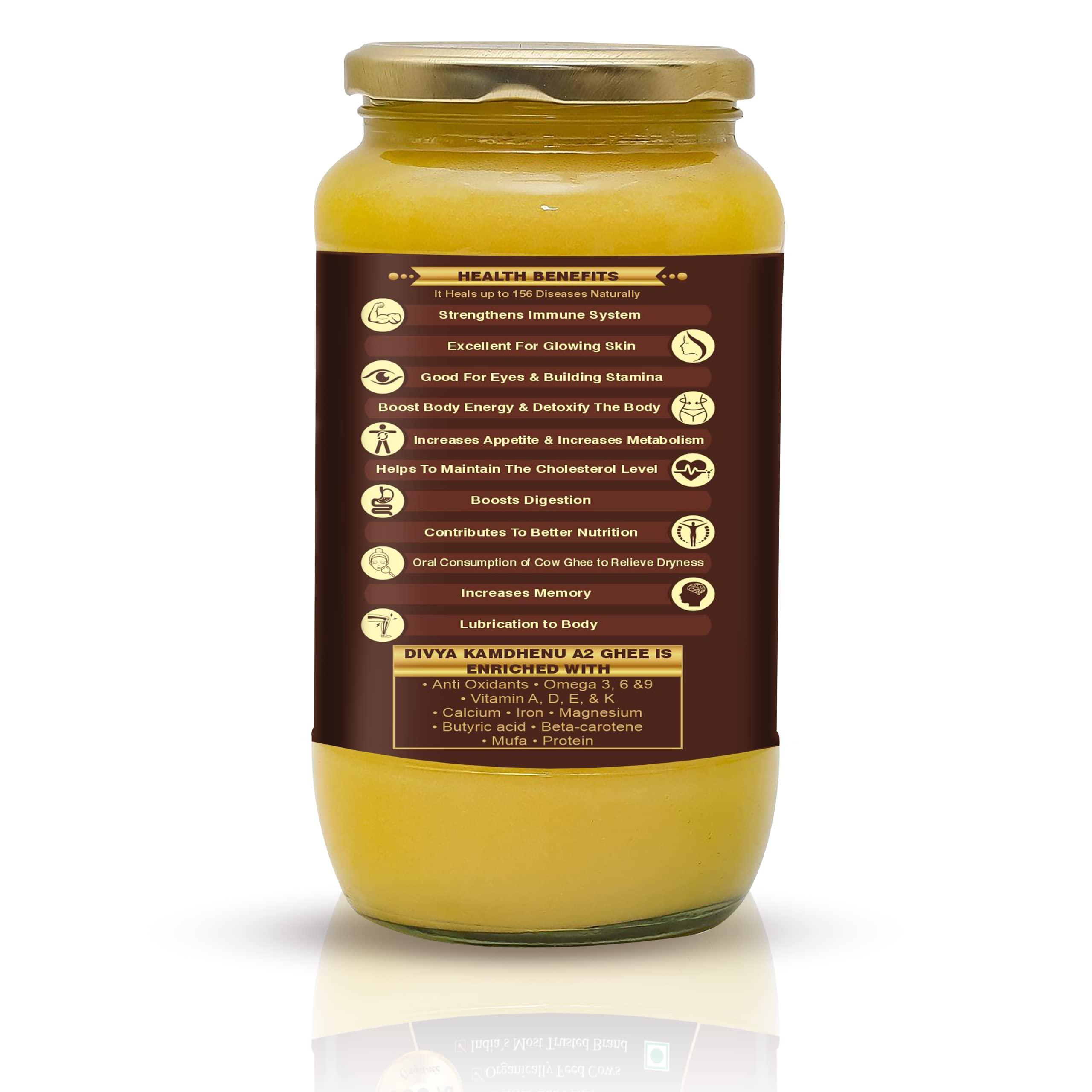 DIVYA KAMDHENU Divya Kamdhenu Cow A2 Ghee Cream Bilona Method (1L) Gir Cow Ghee, Organic, Grassfed, Cultured, Traditional Ghee, Desi Cow Ghee, Glass Bottle, 1 Litre Ghee 100% Pure Non GMO
