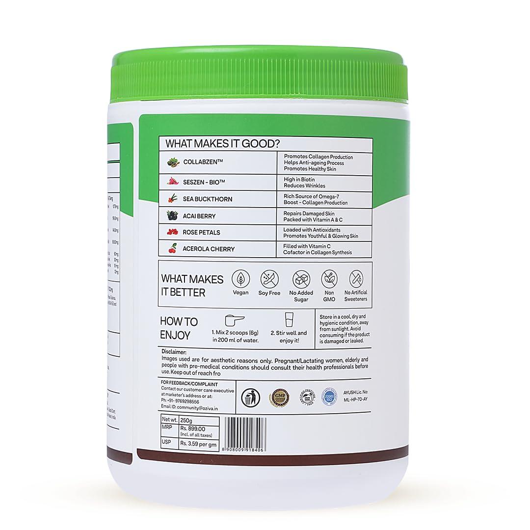 OZiva OZiva Vegan Collagen (Tangy Amla) with Biotin & Vitamin C For Brighter & Youthful Skin | Collagen Supplement For Women & Men | Plant Based Collagen Powder | Certified Vegan 250g (Pack of 2)