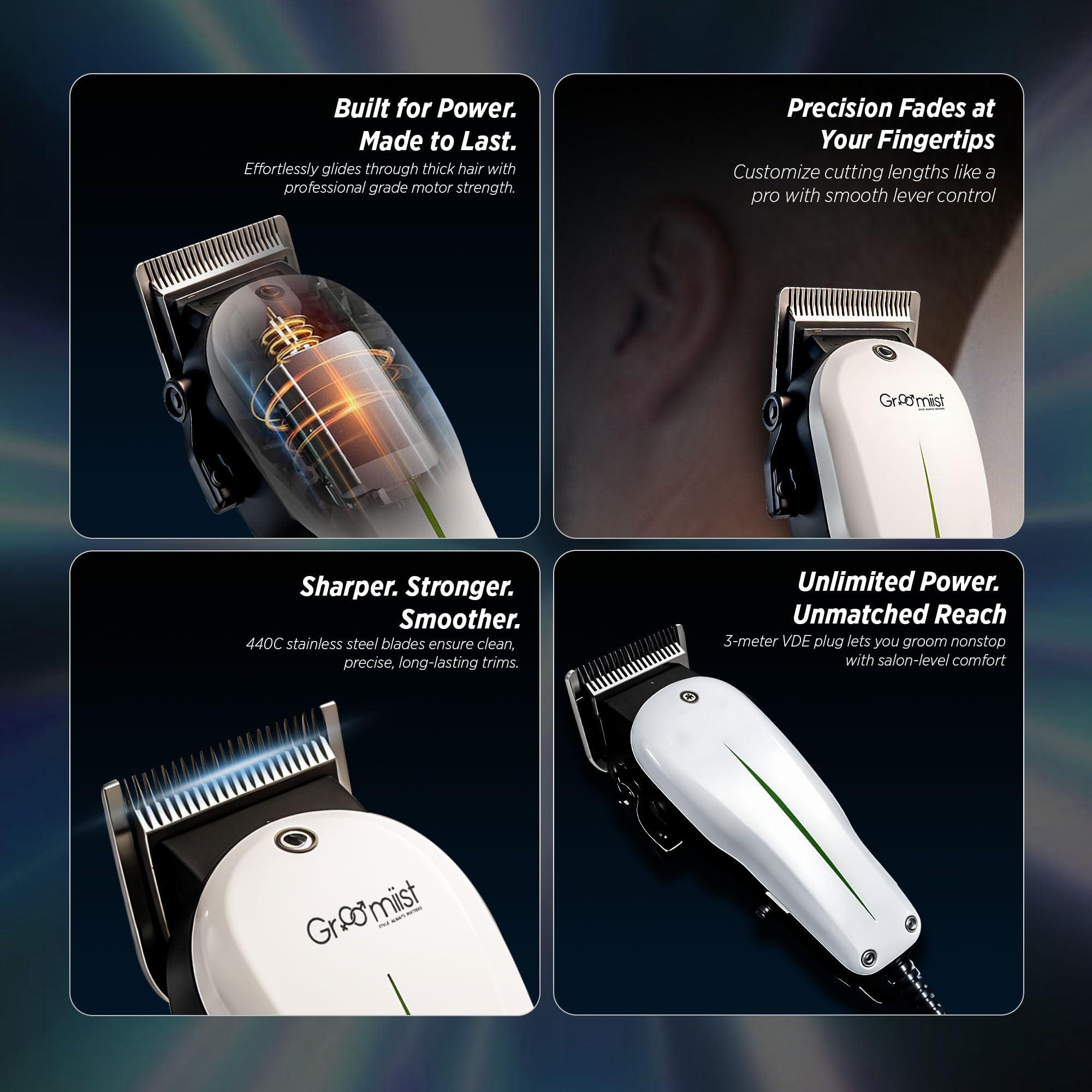 Groomiist Groomiist Professional Barber & Home Use Taper Hair Clipper Shaving Trimmer for Man | Beard Trimming Machines & Smooth Clean Cutting Shaver for Men | 3M Corded Power, 6 Premium Attachment Combs