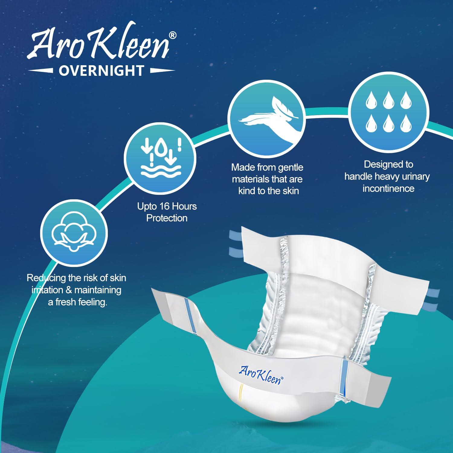 Aro Kleen Aro Kleen 2X Overnight 60 Count Adult Diapers Tape Style|Medium(M)|Waist Size 71-101 Cm(28"- 44")|16 Hr Absorption Protection|Unisex|Leak Proof|Wetness Indicator- Pack Of 6
