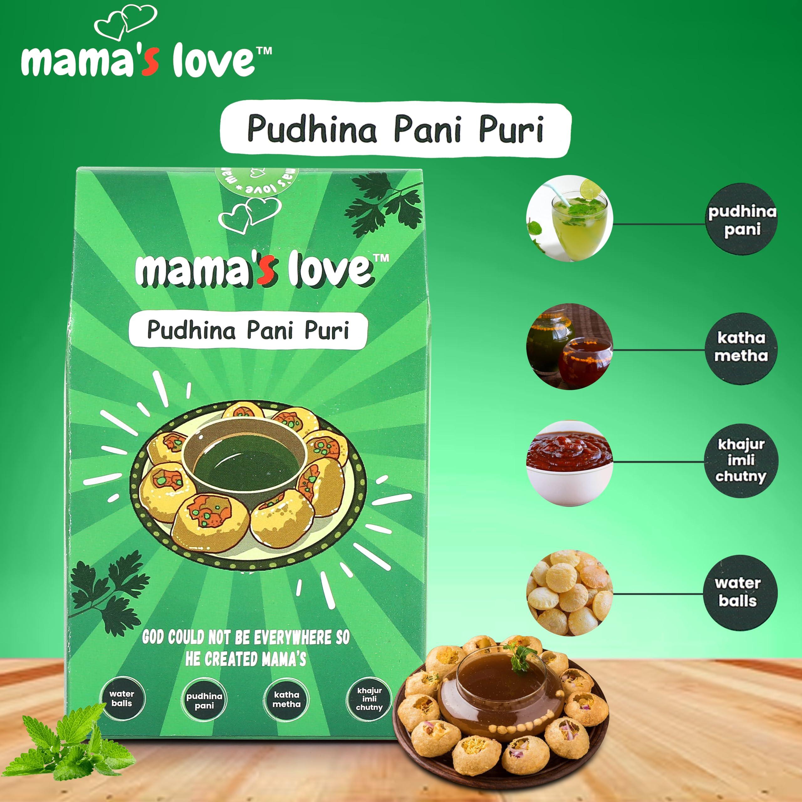 Mama\'s Love Mama\'s Love 280Pcs Ready-to-Cook Pudina Golgappa Pani Puri Packet Readymade - Homemade Pani Puris | Pack of 1 | Each Pack Includes 40 Pcs Pani Puri, 2 Types of Masala, 1 Tamarind Imli Chutny (Pack Of 7)