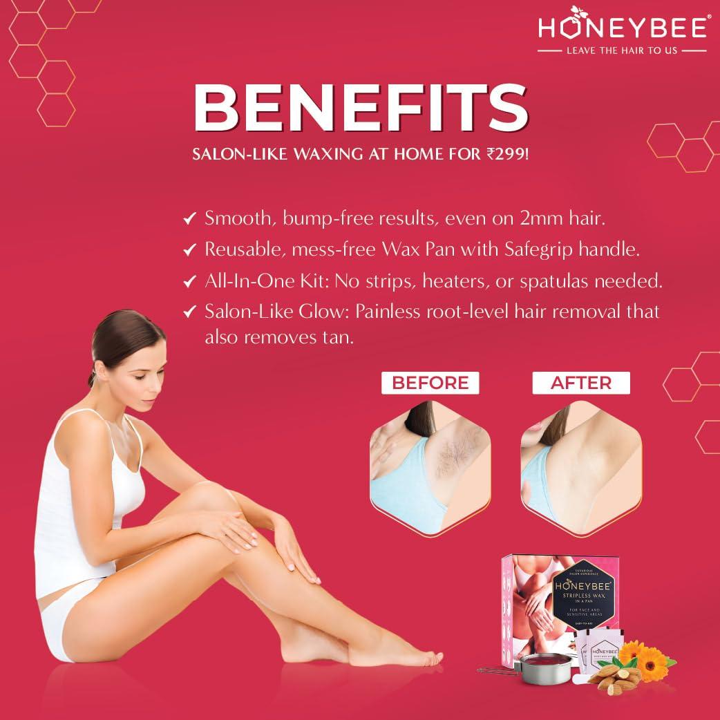 HoneyBee HoneyBee Stripless Katori Wax For Face|Pan Wax With Handle For Face, Upper Lip, Chin, Jaw, Underarms, Bikini And Brazilian|For All Skin Type|No-Strip Wax At Home|Post Wax Wipes|Spatula|120 Gm, Women