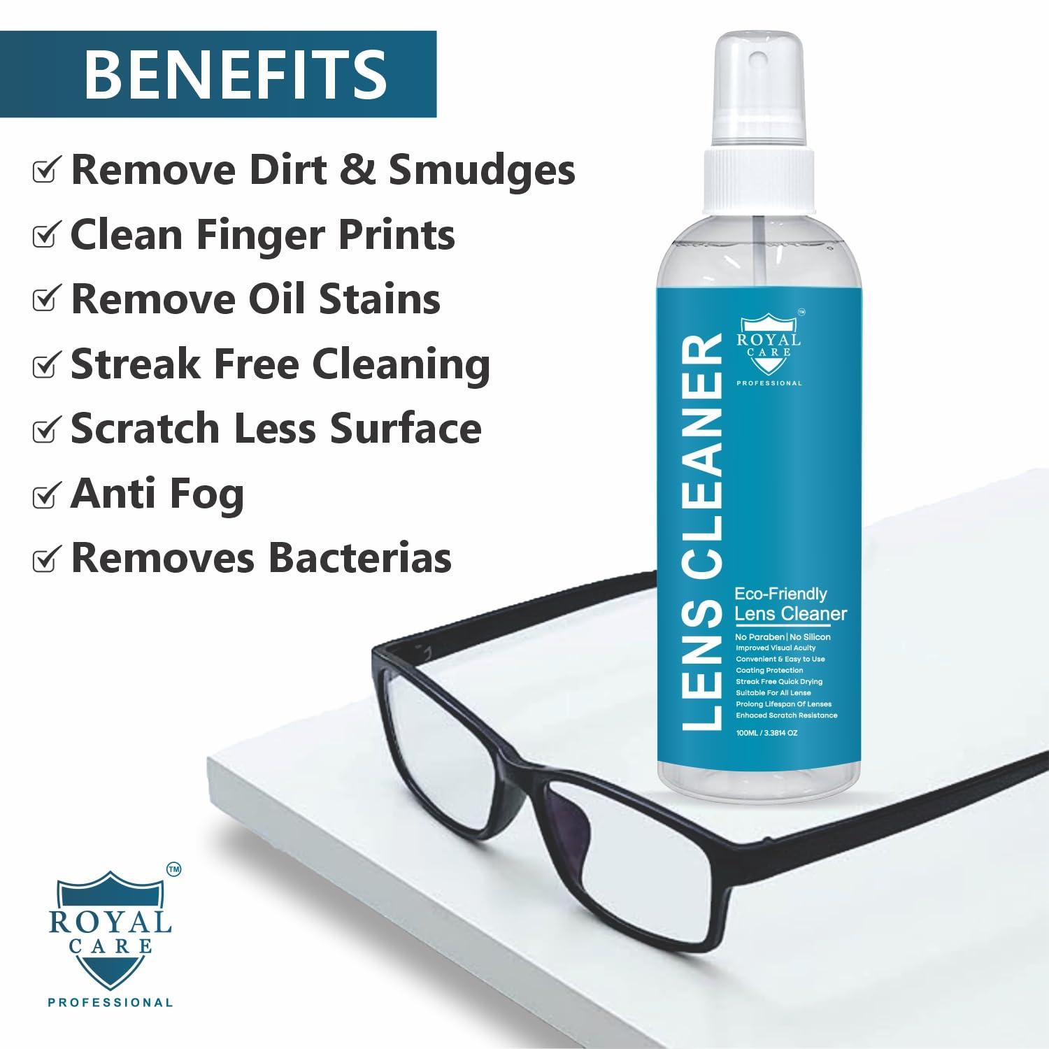 ROYAL CARE PROFESSIONAL Royal Care Lens Cleaner Spray 100 ML Pack Kit Professional Lens Cleaner Spray with Microfiber Cloths Best for Eyeglasses, Cameras, and Lenses - Safely Cleans Fingerprints, Dust, Oil (Pack of 6)