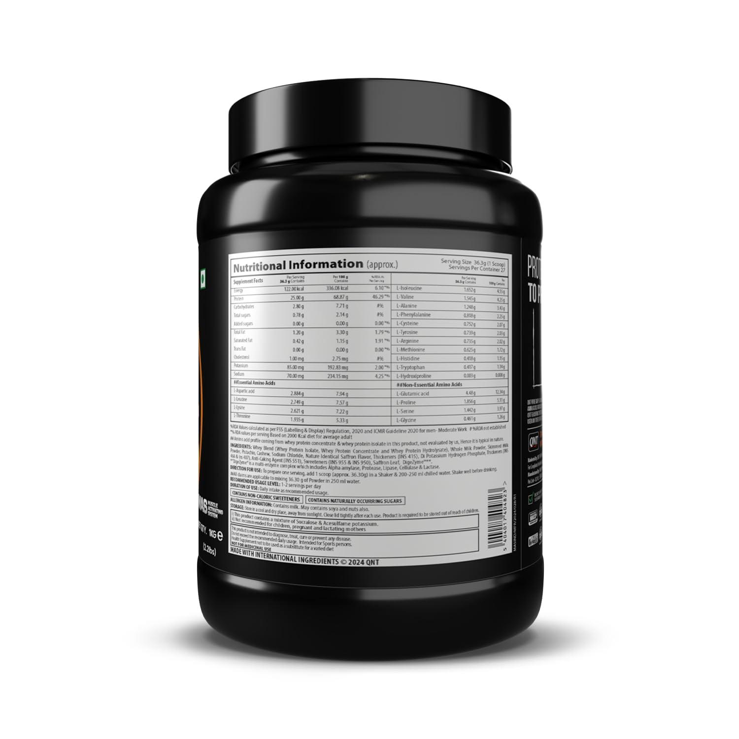 QNT QNT Prime Whey Protein Powder | Kesar Kaju Pista, 1 Kg | Triple Blend of Whey Isolate, Concentrate & Hydrolysate | 25g Protein, 5.9g BCAA per Scoop | Best Whey Protein Powder for Men & Women
