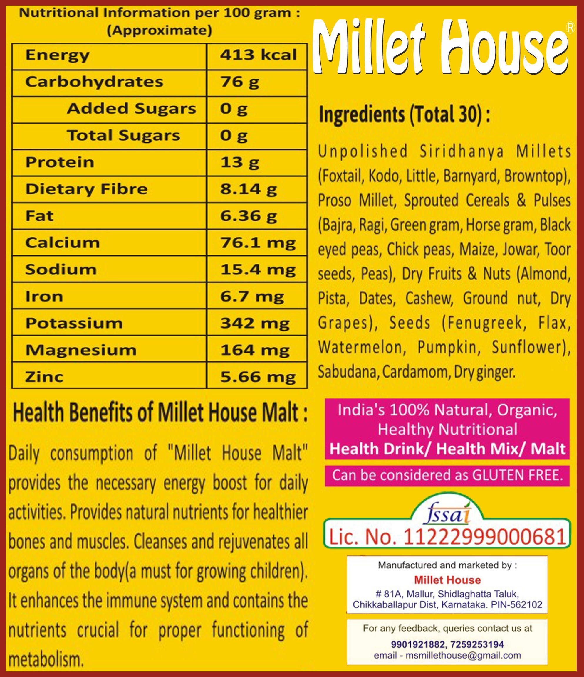 Millet House Millet House Sprouted Siridhanya Millets Malt | 30 Natural Ingredients | 100% Healthy Chemical Free Natural Certified Millet Drink | Traditional Millets Organic Mix (1kg) (500g x 2packs)