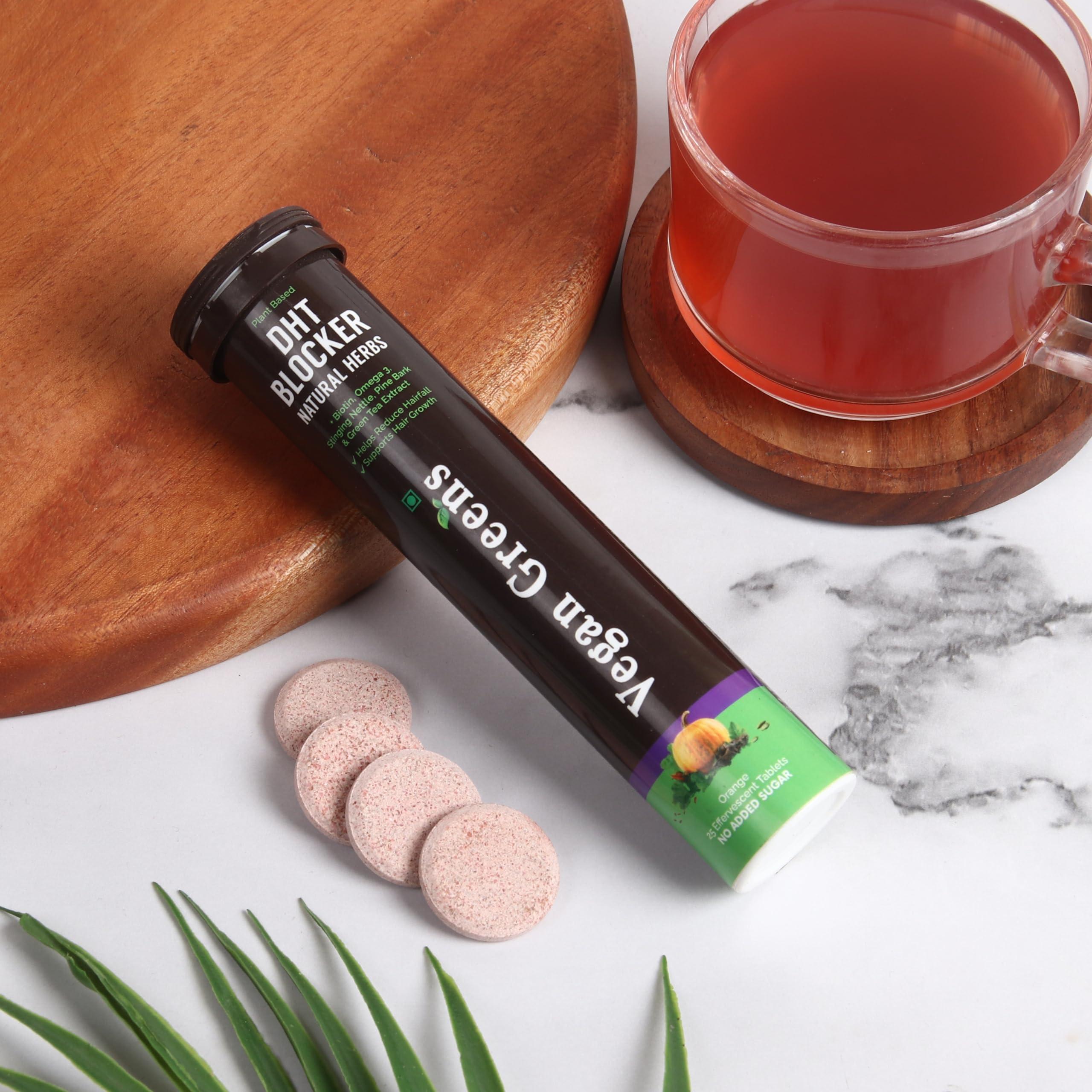 Vegan Greens Vegan Greens Plant Based DHT Blocker With Biotin, Omega 3, Stinging Nettle, Pine Bark, Green Tea. For Hair Growth, Hair Fall Control, Healthy Hair For Men & Women (50 Effervescent Tablets, Orange)