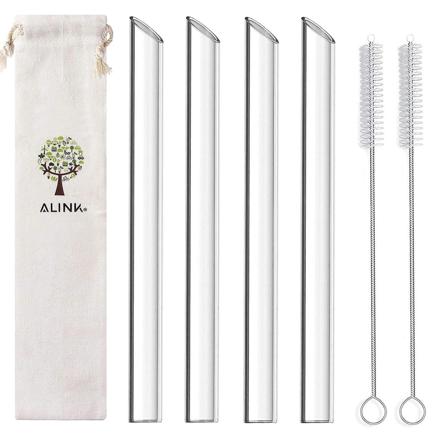 ALINK ALINK Reusable Glass Boba Straws, 14mm Extra Wide Clear Smoothie Straws for Bubble Tea, Pack of 4 with 1 Case and 2 Brush