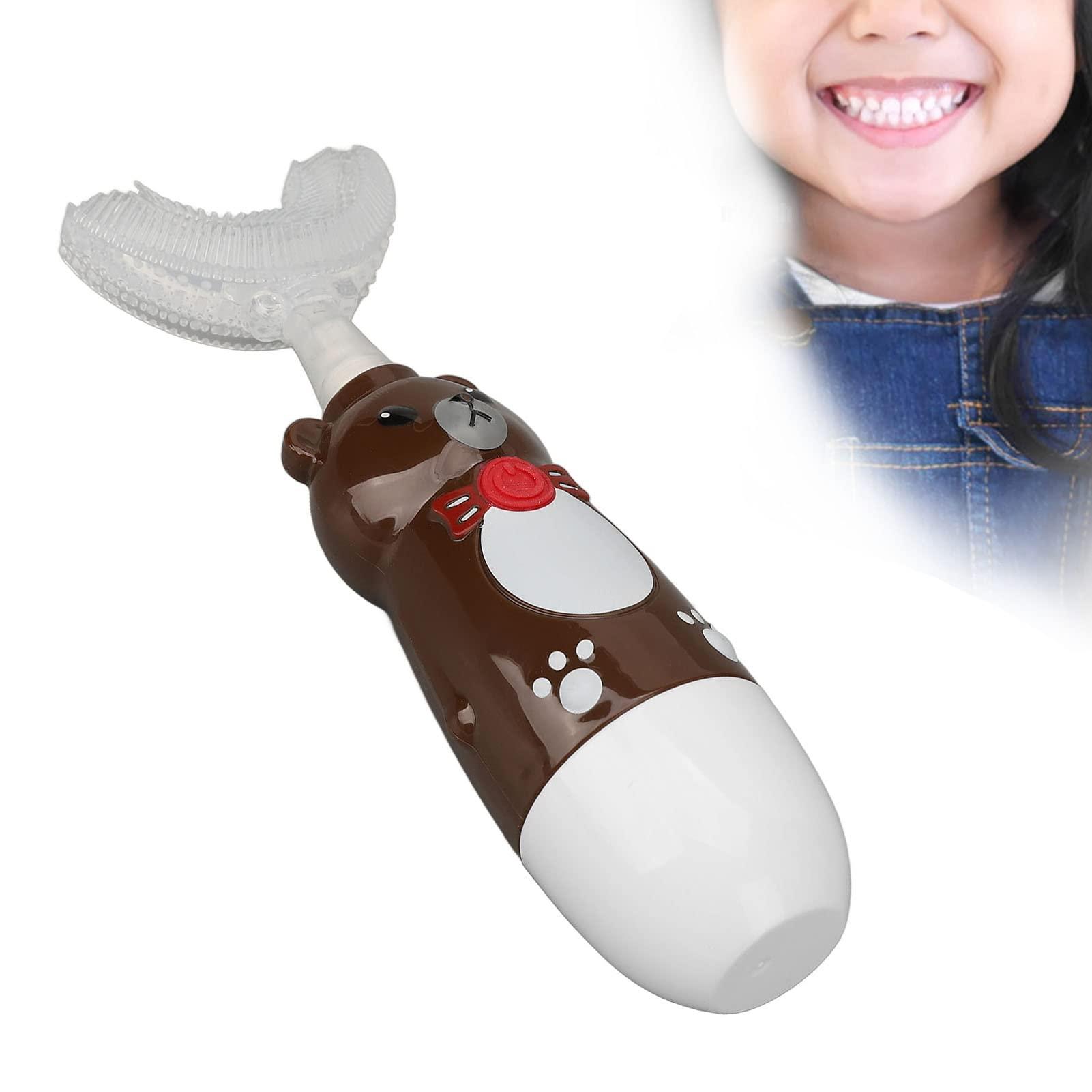 DNEI Sonic U Shaped Toothbrush, Kids Smart Toothbrush Automatic Ergonomic Cute Bear with 3 Brush Heads for Travel (Brown)
