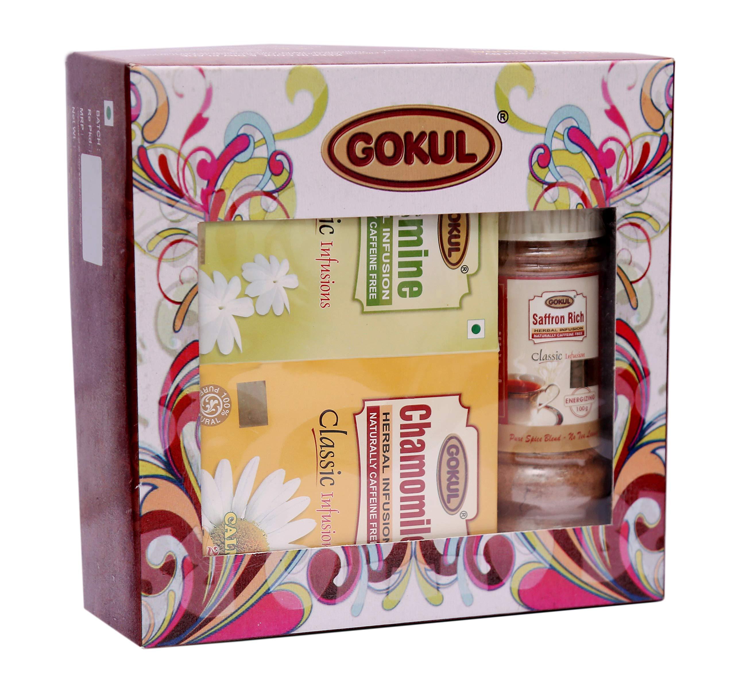GOKUL Gokul Herbal Infusion Jasmine Tea Bags 20, Chamomile Tea Bags 20, Saffron Rich 100G Gift Pack