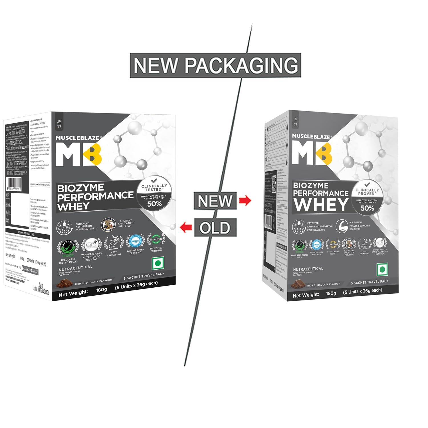 MuscleBlaze MuscleBlaze Biozyme Performance Whey Protein | 5 Sachet Travel Pack (5x36g) | Rich Chocolate | Clinically Tested 50% Higher Protein Absorption, Informed Choice UK Certified & US Patent Published EAF