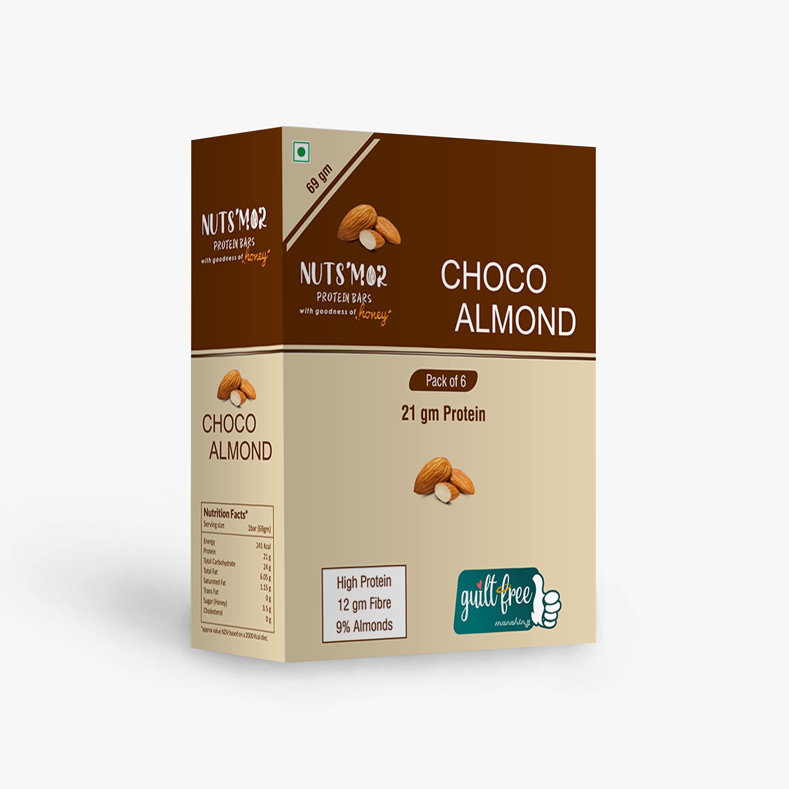 NUTS'MOR NUTS'MOR- Protein Bars-Choco Almond 21gm Protein Bar- Pack of 6 (6 x 69g) - No Added Sugar - All Natural