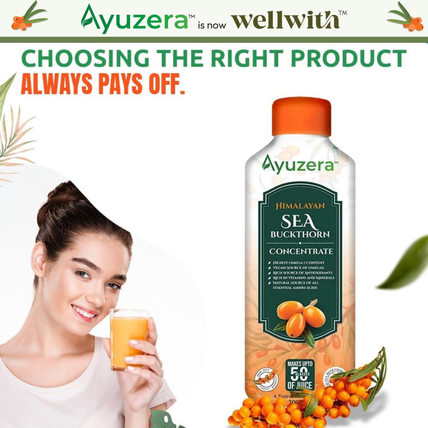 Ayuzera Ayuzera Himalayan Sea Buckthorn Pulp 300ml | Plant Based Vegan Omega 3, 6, 7 and 9 | Vegetarian Liquid Supplements | No Fish Oil | Veg, Natural & Organic | Makes up to 50 Glass Juice | Rich in Omega 7, Antioxidants, Vitamins (300ml, Pack Of 1)