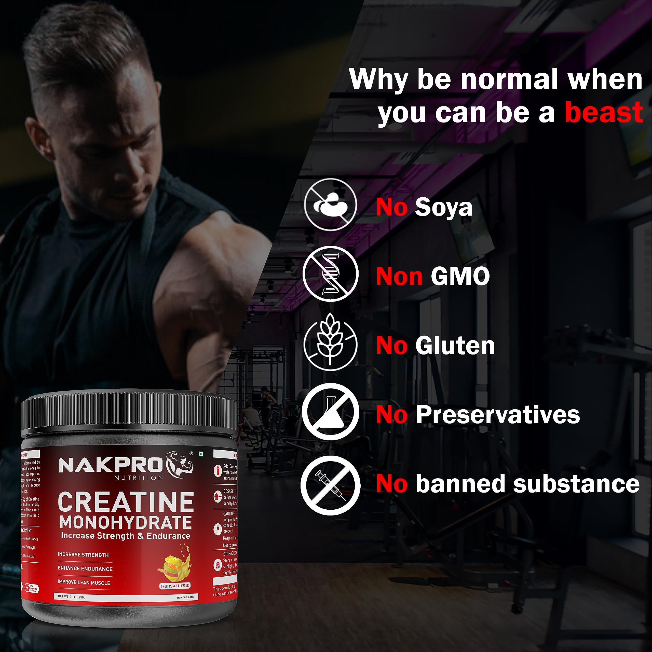 NAKPRO NAKPRO Micronised Creatine Monohydrate Powder 250g Jar, Fruit Punch | 3g Creatine/Serving | Trustified Certified | Rapid Absorption Pre/Post Workout Supplement for Muscle Repair & Recovery