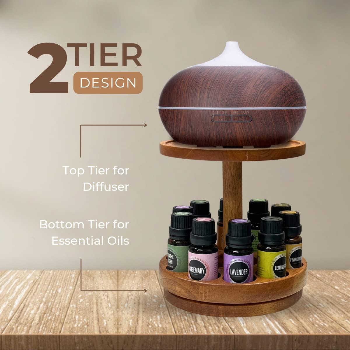 FOM (Friends of Meditation) Essential Oil Diffuser Stand | Holds upto 10 Bottles and Diffuser | Essential Oil Storage Display Stand Wooden 2 Tier