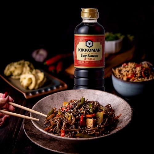 Kikkoman Kikkoman Naturally Brewed Soy Sauce - 500ml | Made in Japan, All Purpose Seasoning - 4 ingredients- Soy Beans, Salt, Water, Wheat | Vegetarian, No Added Colour or Preservatives