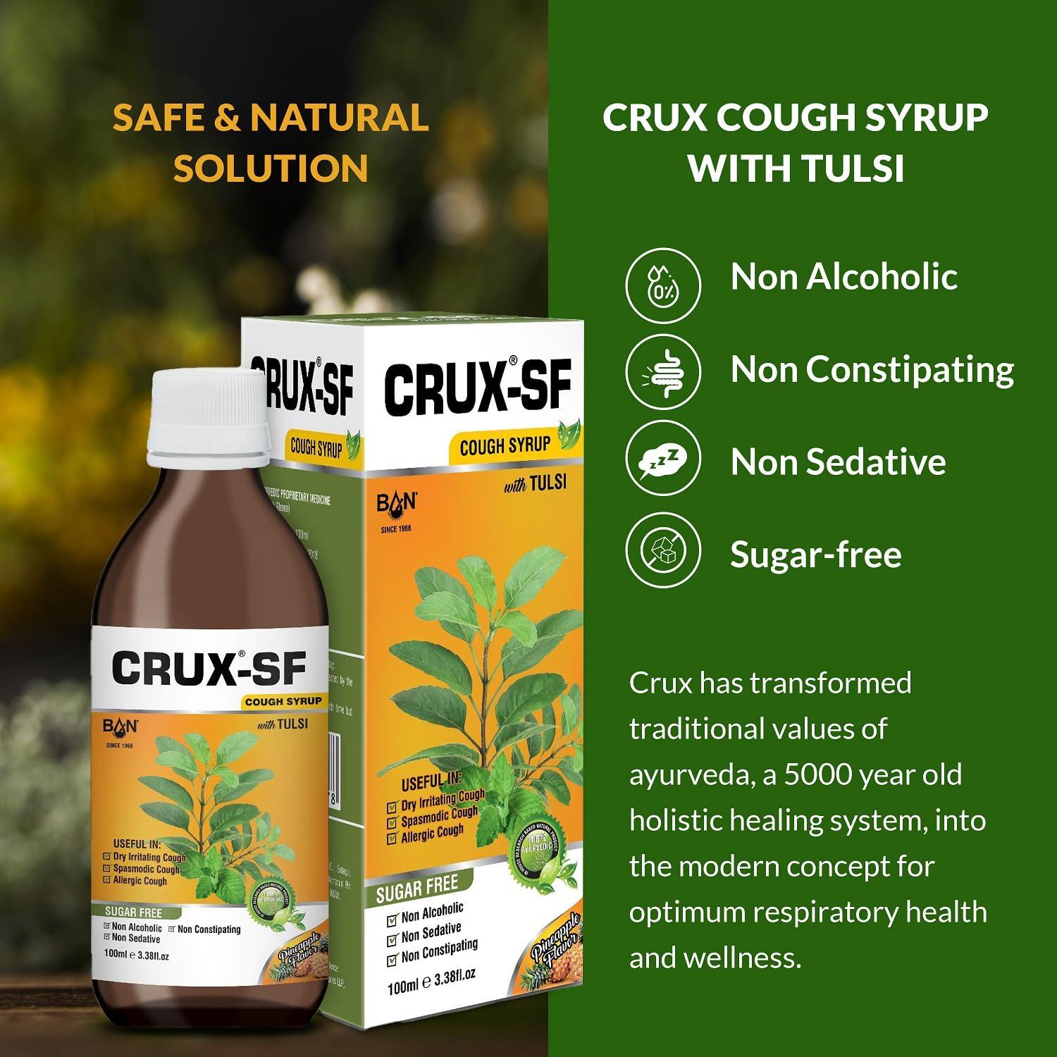 Crux Crux Ayurvedic Sugar free Cough Syrup 100ML, Pack of 3 | Get Ayurvedic Relief from Throat Issue, Chest Congestion, All Types Of cough & Cold | Goodness Of Tulsi, Pippali, Satpudina