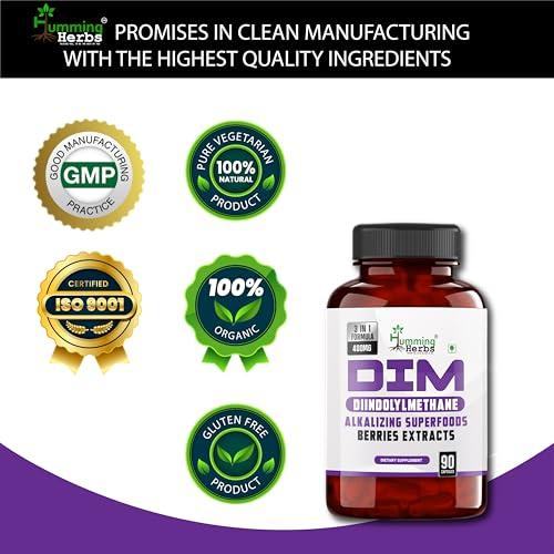 Humming Herbs Humming Herbs DIM - Diindolylmethane - 3 in 1 Formula - Organic Alkalizing/Superfood Extracts Spirulina,Berries Blend, Black Pepper Extract - 90 cap