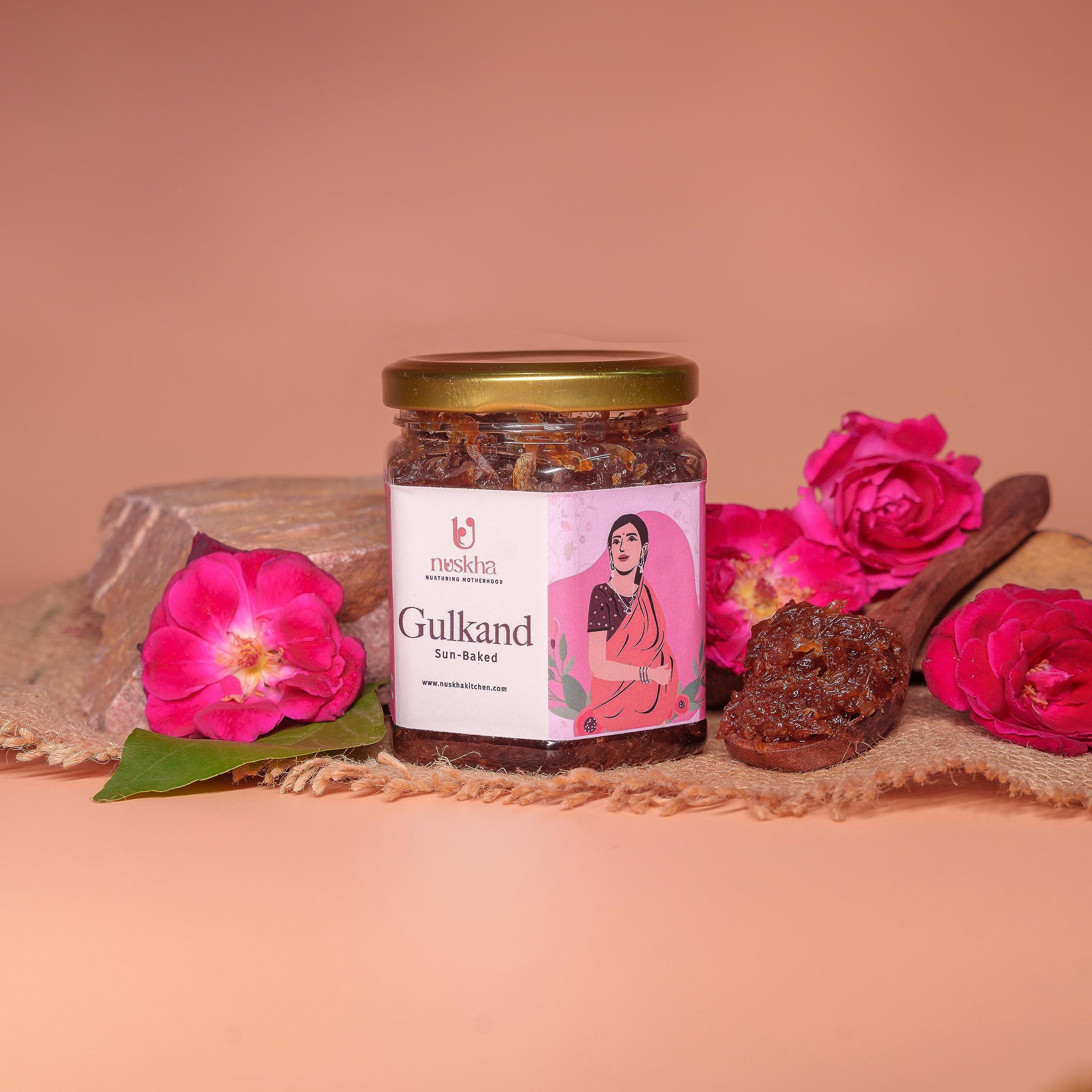 NUSKHA KITCHEN Gulkand from Nuskha | Organic Gulkand | Rose Petal jam | Pregnancy Food | Natural Coolant | Enriched with Prawal Sun-cooked Indian (Rose Petal Jam) | Sugar-Free Gulkand