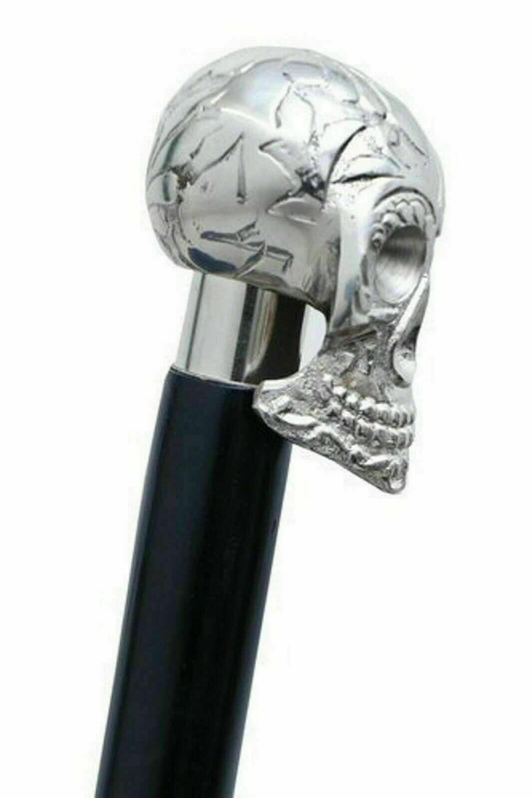 NavaFresh Basics A N H Handmade Nautical Skelton Head Walking Stick Brass Skull Handle Victorian Wooden Walking Stick Cane, Chrome Finish, 36 Inch