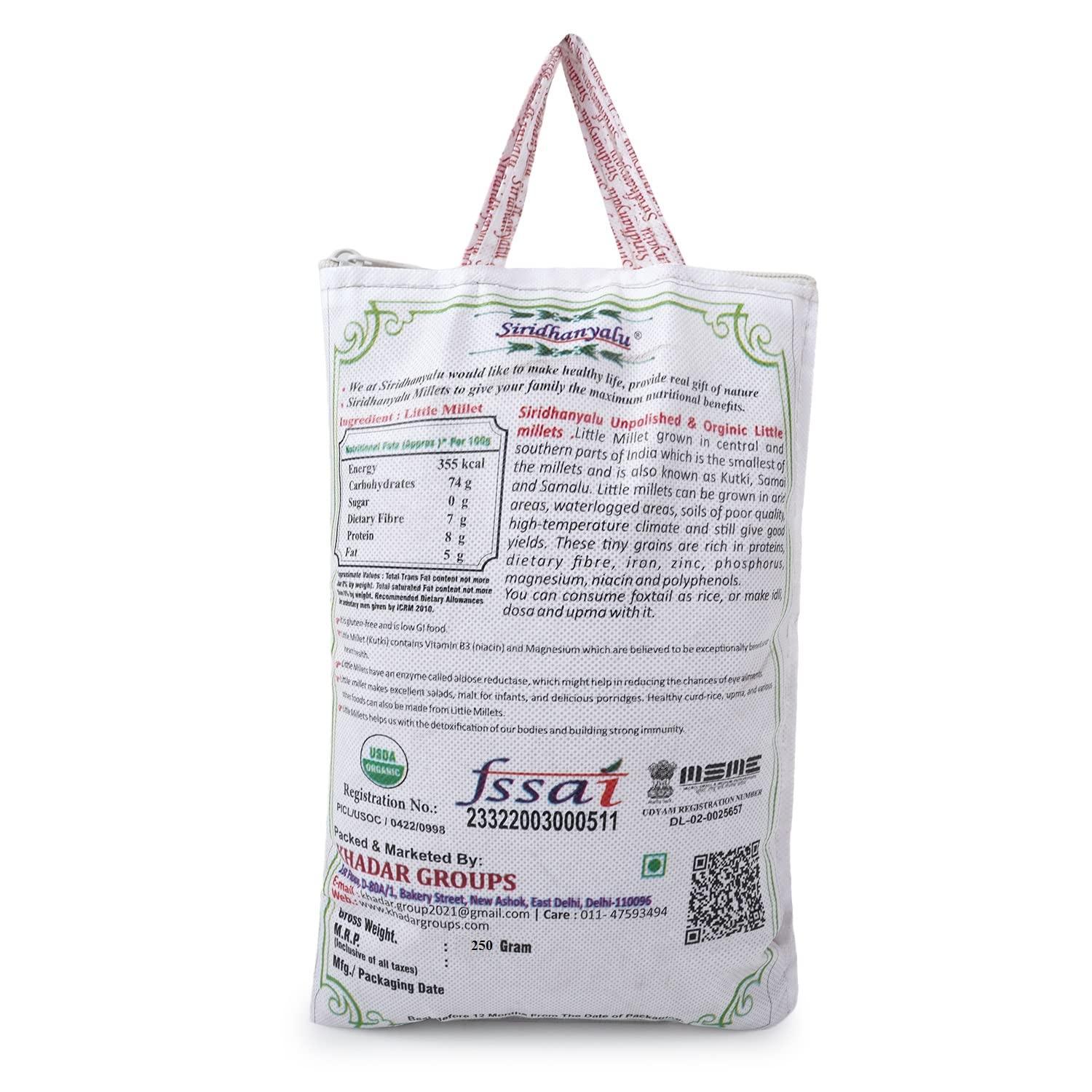 siridhanyalu Siridhanya Unpolished and Organic Little Millets 250gm pack, Gross wt 400gm) Organically Grown from Karnataka
