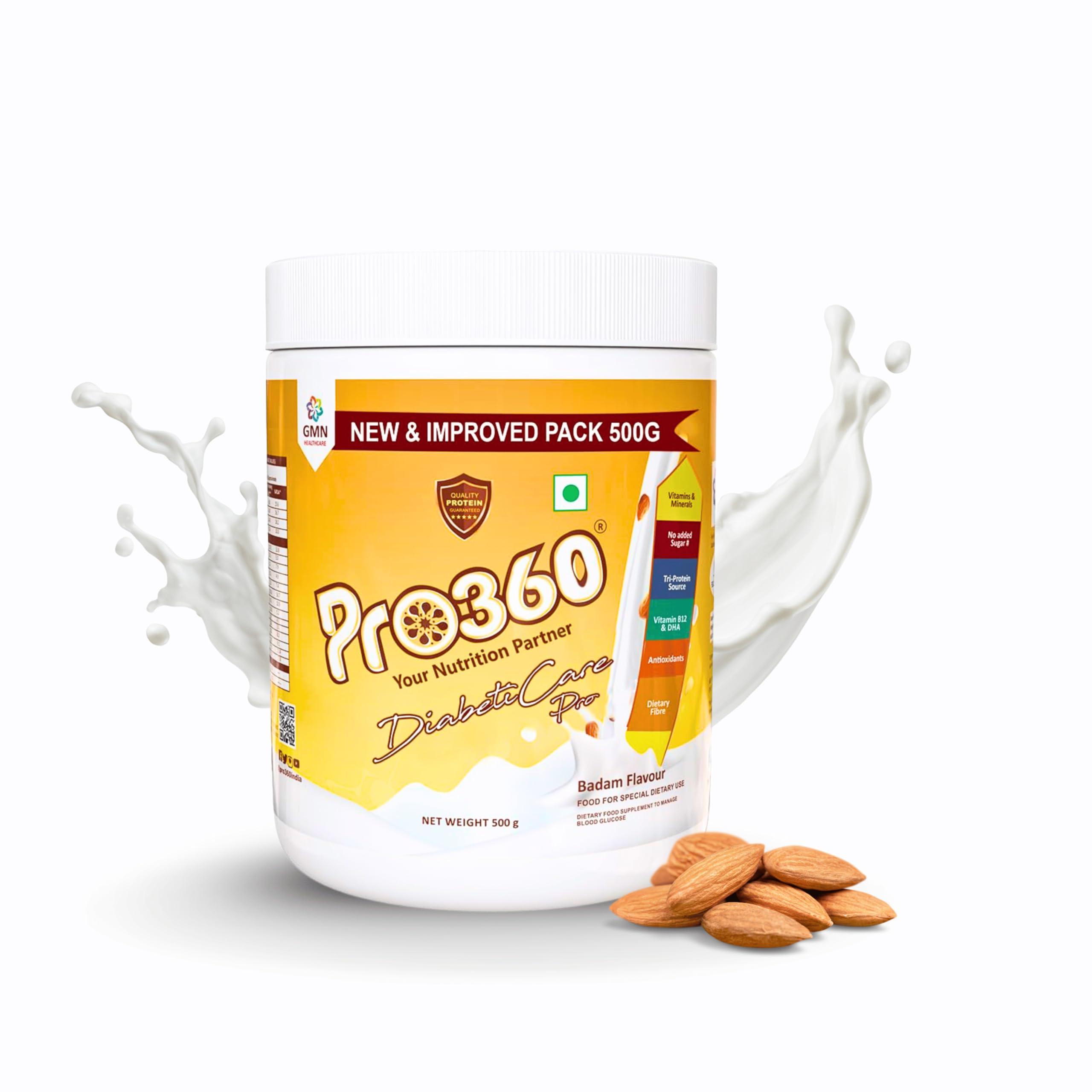 PRO360 Pro360 DiabetiCare Pro Diabetic Protein Powder (Badam Flavour- 500G pack) Diabetes Supplement Drink Mix - Complete Balanced Adult Nutrition for Dietary Management of People With Diabetes