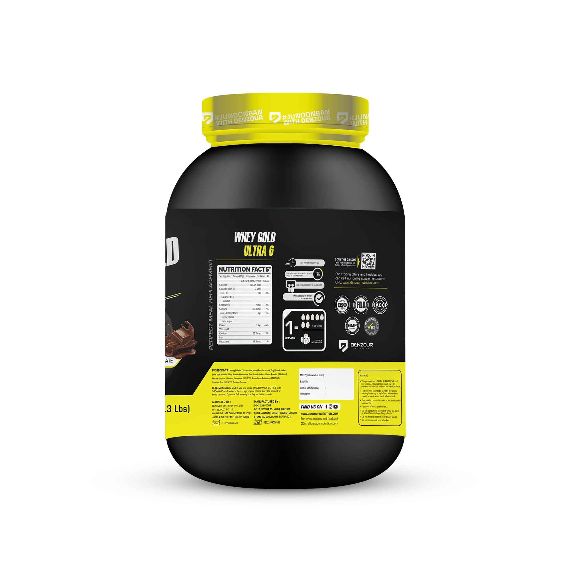 DENZOUR NUTRITION DENZOUR NUTRITION Whey Gold Ultra 6 Starter With 24g Protein | Support Muscle Growth And Maintain A Lean Physique- Dark Chocolate Flavour, 1.05 Kg/2.3 lbs (29 Servings)