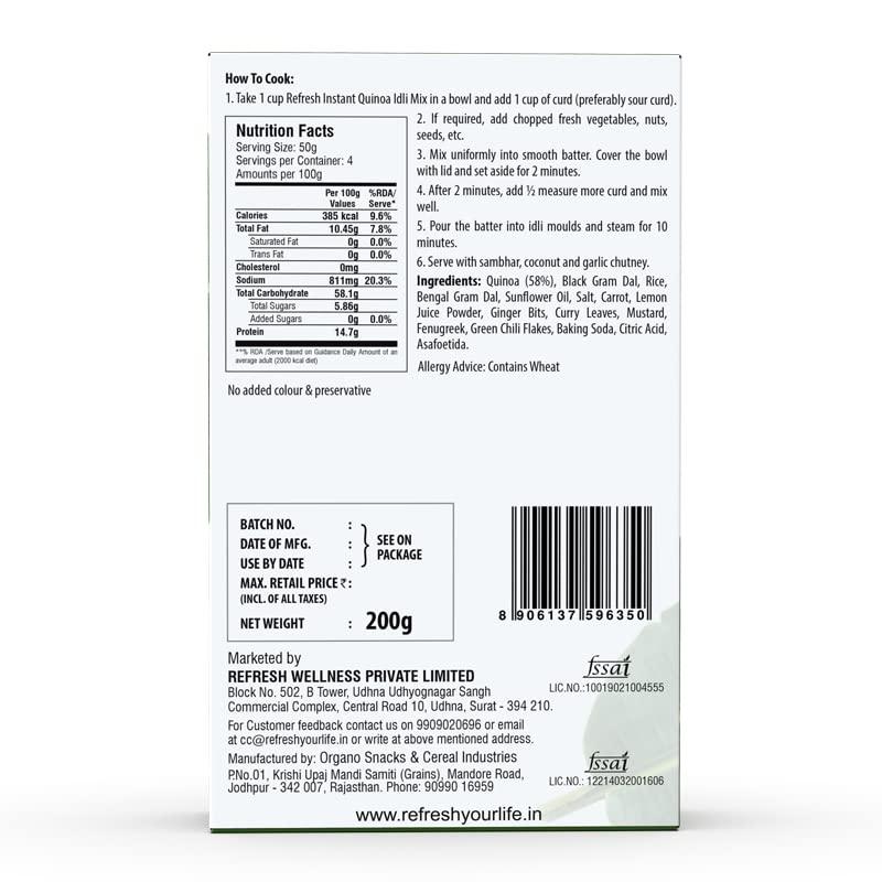 RE:FRESH Refresh Quinoa Idli Instant Mix 200g | Healthy Breakfast Mix | Pure Veg | Authentic South Indian Recipe