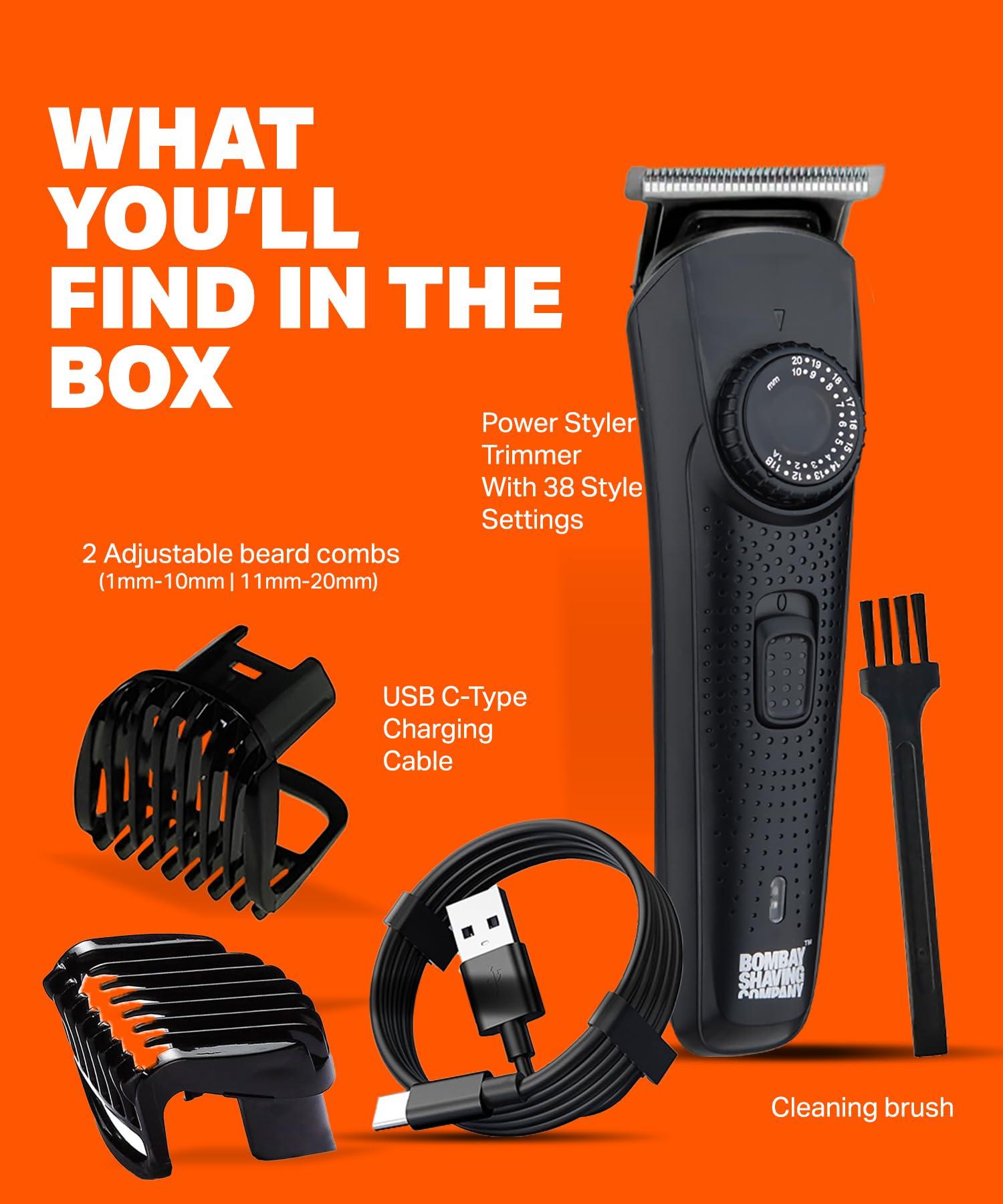 Bombay Shaving Company Bombay Shaving Co Trimmer Men, 2 Yr Warranty, 80Min runtime, 38 length Settings, Flash USB Cable fast Charging (Black) with beard shaper.