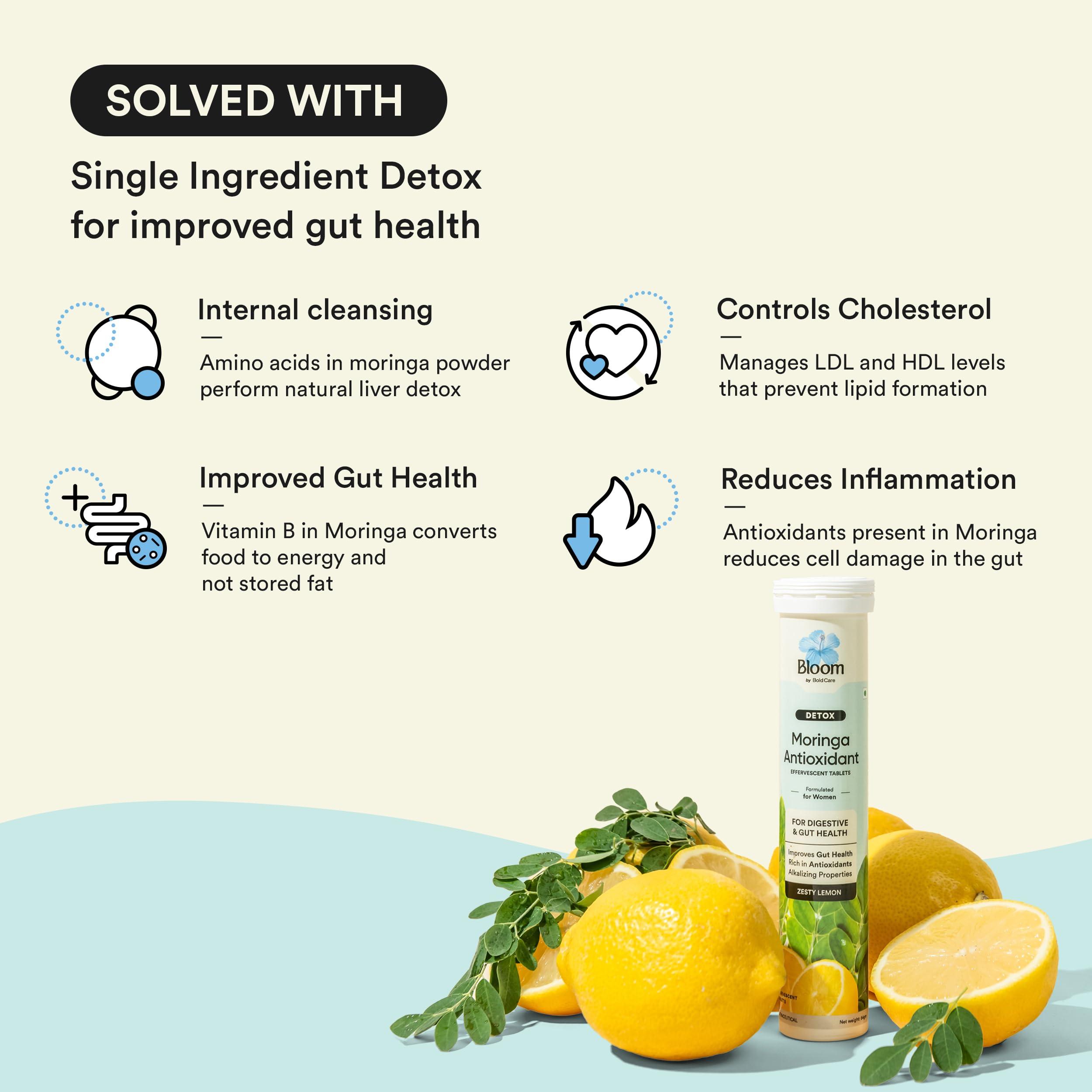 Bloom by Boldcare Bloom Moringa Antioxidant Effervescent Tablets | 20 Effervescent Tablets (Pack of 3) | Natural Liver Detox and Gut Health | Infused with Organic Moringa Leaf Powder | Lemon Flavour