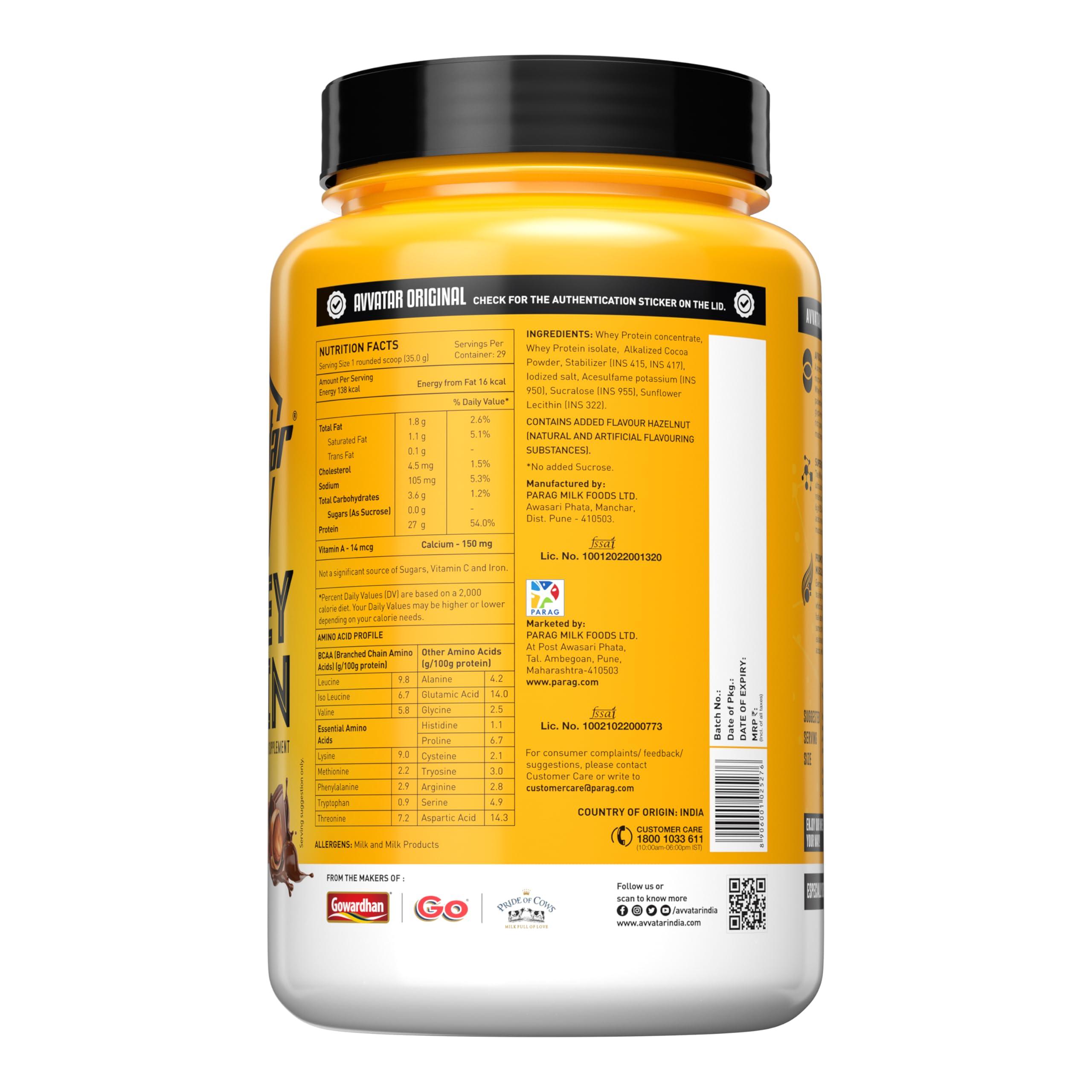 avvatar AVVATAR WHEY PROTEIN | 1KG | Chocolate Hazelnut Flavour | 27g Protein | 29 Servings | Isolate & Concentrate Blend