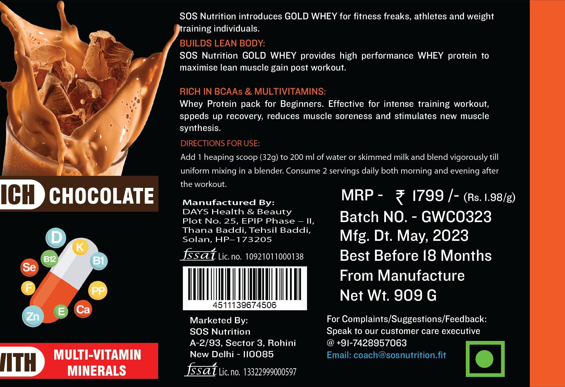 SOS Nutrition SOS Nutrition Whey Protein Powder for Men, GOLD Whey for Muscular Lean Body, 24g Protein/Day, 5.5g BCAAs, Ashwagandha, Kali Musli, Multivitamins (Chocolate, 910g)