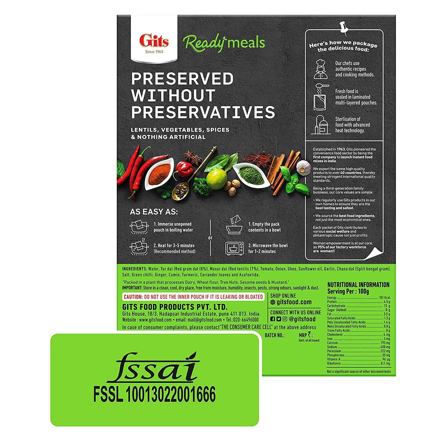Gits Gits Ready to Eat Dal Combo Pure Veg Heat and Eat Indian Meal 1200g (Dal Makhani 300g X Pack of 2 + Dal Tadka 300g X Pack of 2)