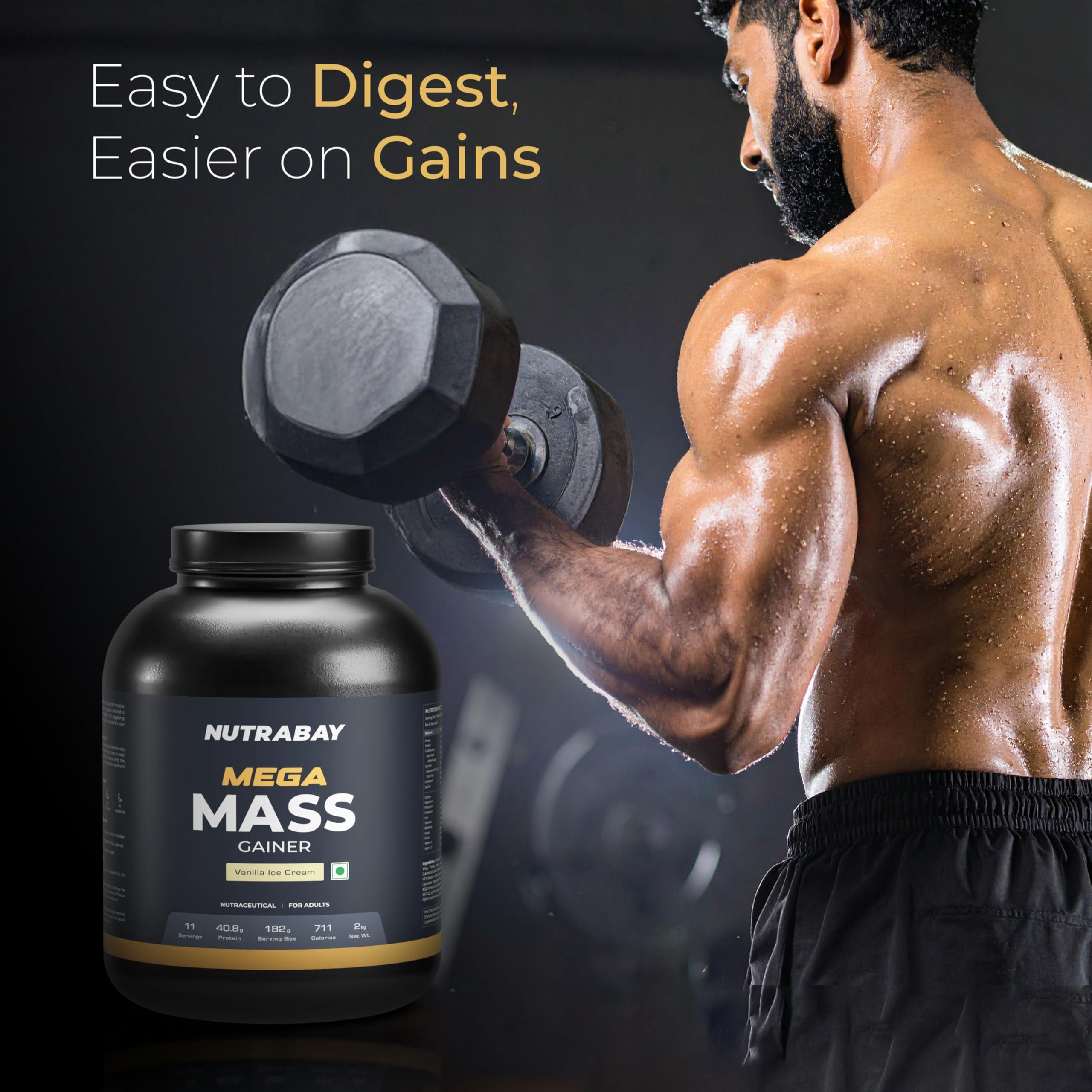 Nutrabay Nutrabay Gold Mega Mass Gainer Powder - 2kg, Vanilla Ice Cream | 100% Veg | 40.8g Protein, 123g Carbs, 711 Calories | Muscle Building & Weight Gainer Supplement for Men & Women