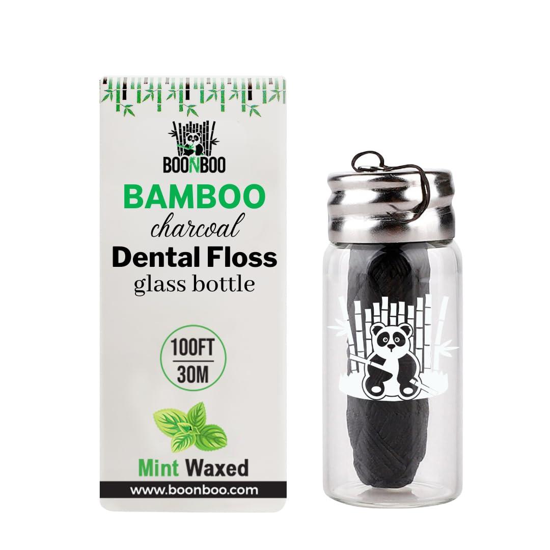 Synergy Products Boonboo Dental Floss | 33 yards/30m Bamboo Fiber With Activated Charcoal | Glass Bottle & Cutting Lid | Candelilla Wax & Mint Flavor | Biodegradable & Sustainable | Plastic- Free