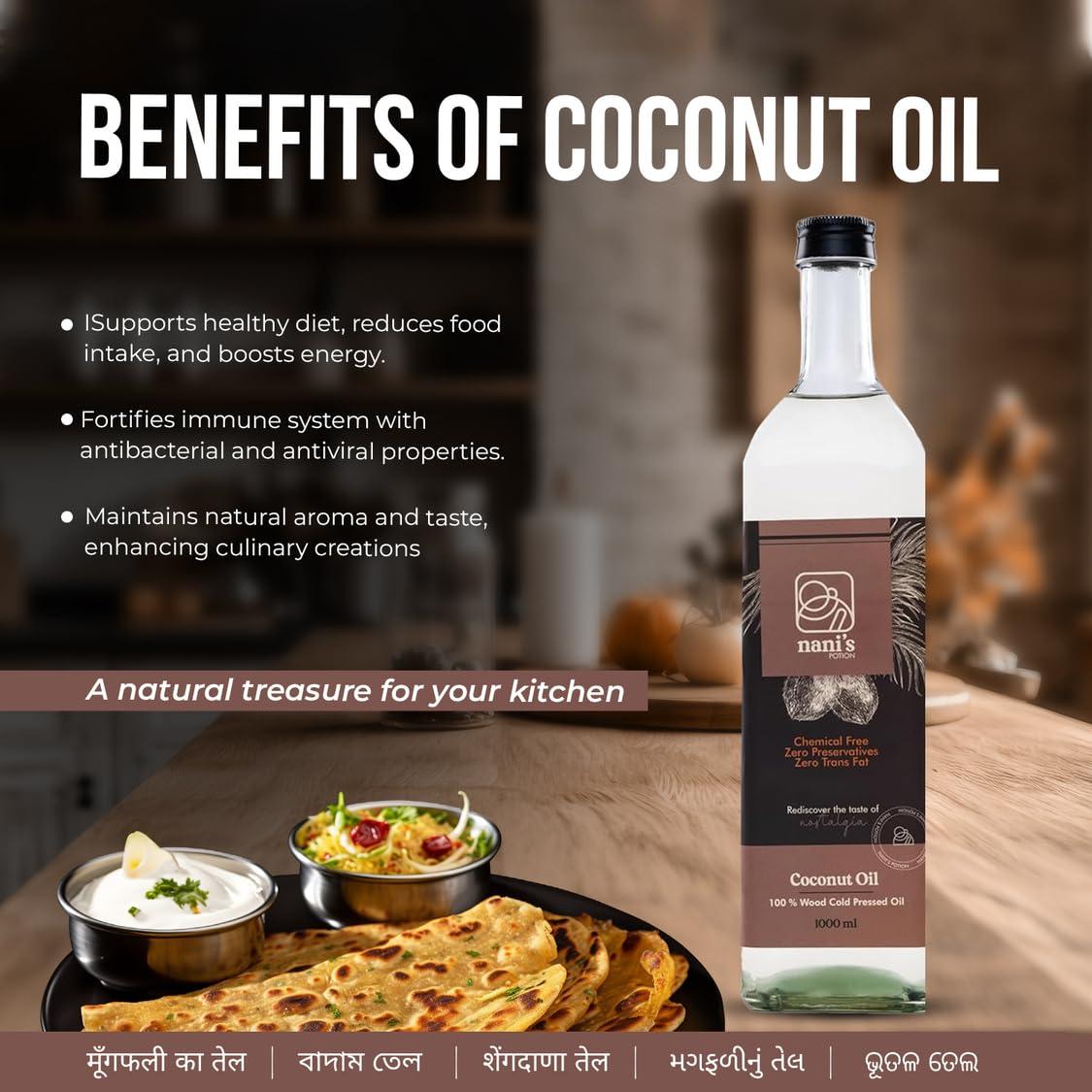 Nani\'s Potion Nani\'s Potion Wood Pressed Coconut Oil Glass Bottle Natural, For Cooking, Chemical-Free, Cold Pressed Coconut Oil For Cooking, Kachi Ghani Oil, Daily Cooking, Naturally Cholesterol Free, 1000 Ml