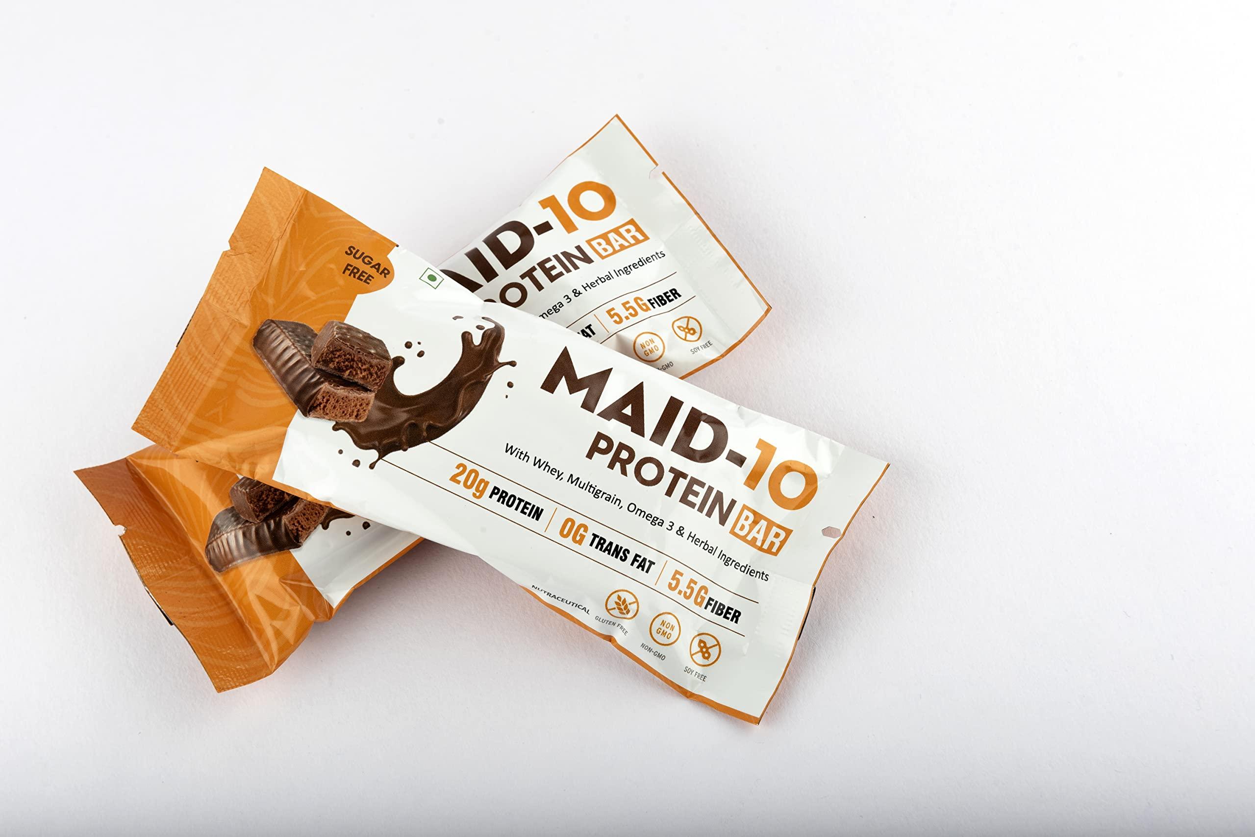 MAID-10 MAID-10 Protein Bar with Whey, Multigrain,Omega 3 & Herbal Ingredients | No Added Preservatives | 100% Veg | No Added Sugar, No Artificial Sweeteners | Chocolate Flavour (Pack of 12 (60g x12))