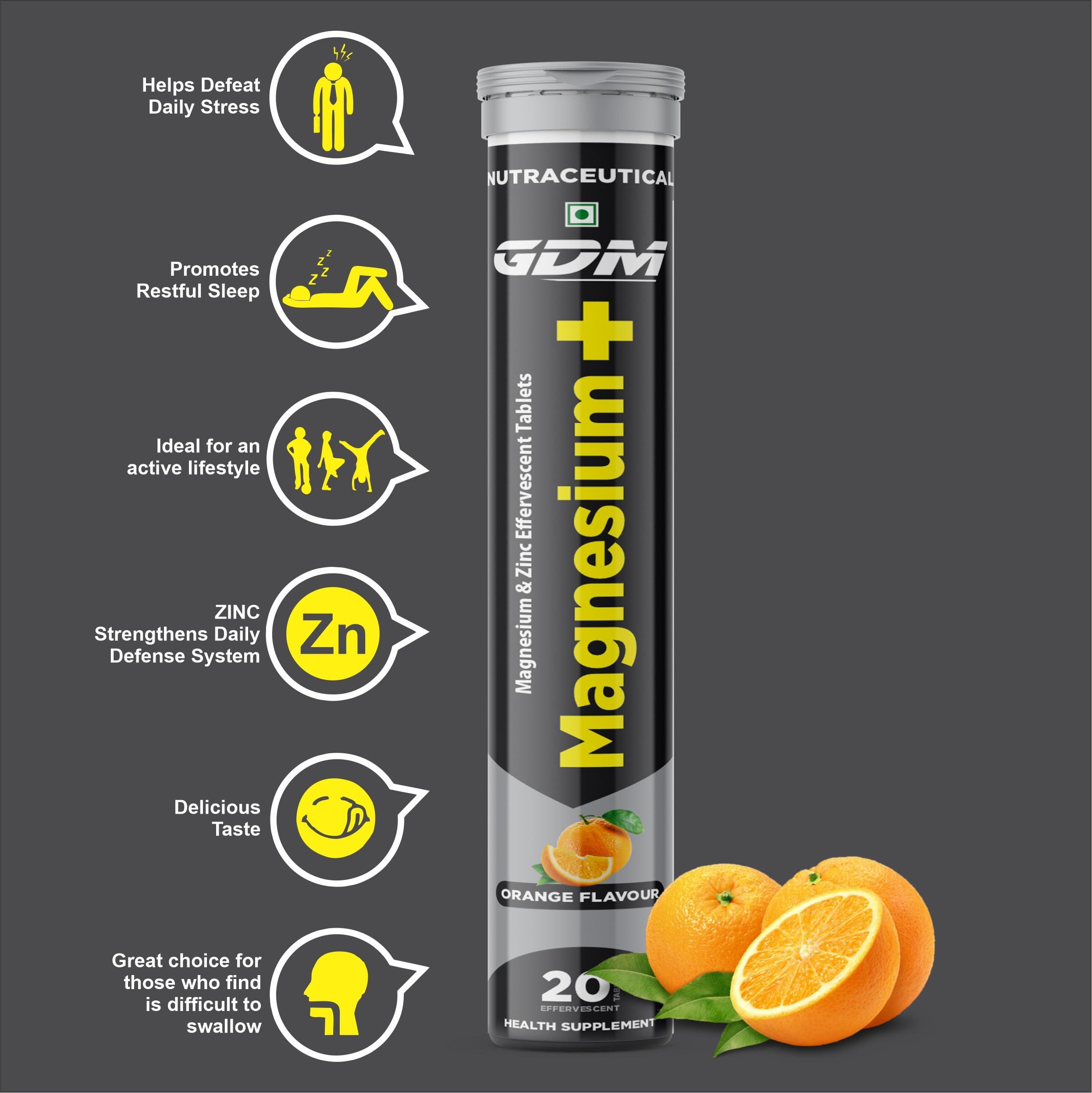 GDM NUTRACEUTICALS LLP GDM Magnesium+ Zinc Effervescent Tablets | Helps defeat daily stress | Promotes restful sleep | 40 Tablets, Orange Flavor