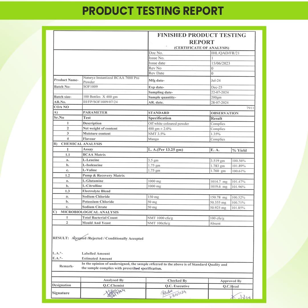 Naturyz NATURYZ Instantized BCAA 7000 PRO |7G Vegan BCAAs | Glutamine | Citrulline | Electrolytes | 0 Added Sugar | Powerful Pre/Post & Intra Workout Amino for Lean Muscle Growth, Strength, Quick Re-Hydration & Instant Energy - 400g(Mango)