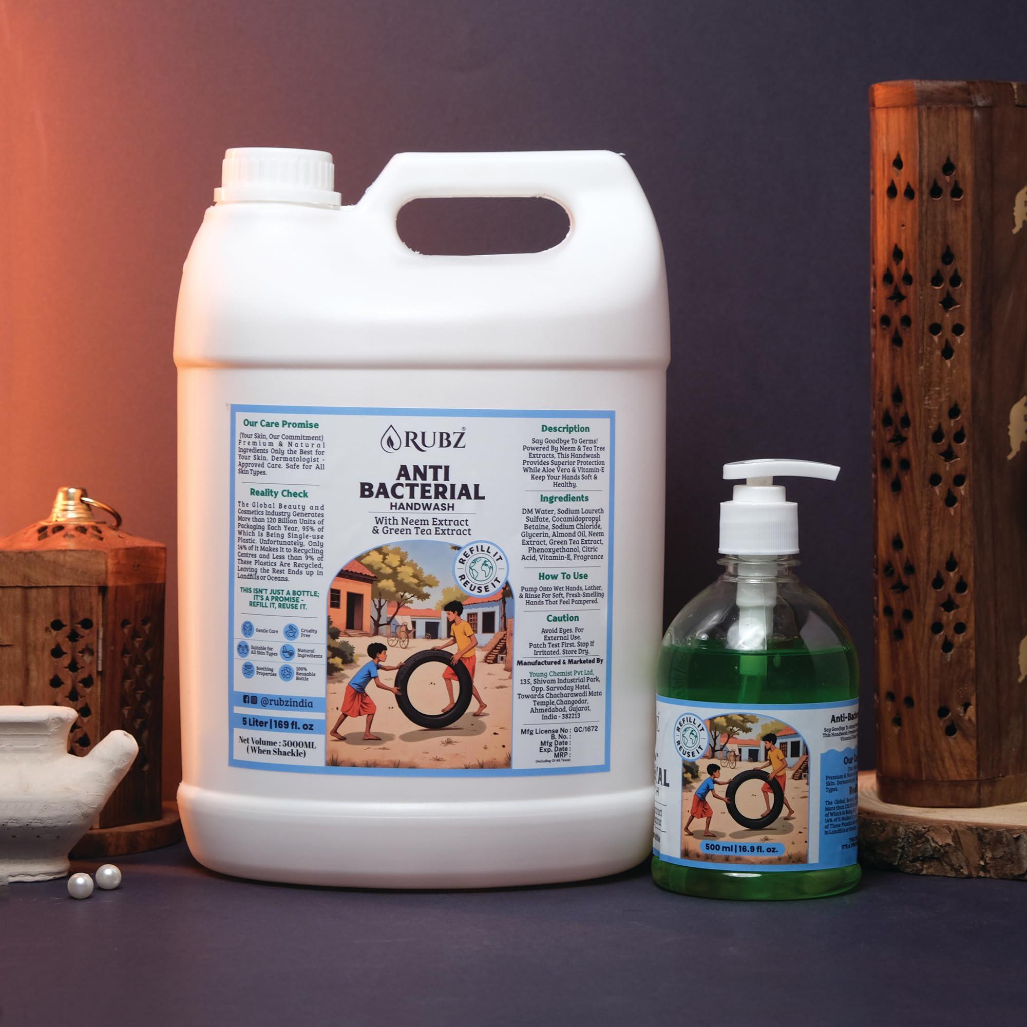 Rubz Rubz Antibacterial Handwash Refill Pack 5 Litre with 500ml bottle | Paraben Free Liquid Gel | Complete Protection for Soft Hands | Best for Hotel, Spa, Salon, Family, Gym | Total 5.5 Litre