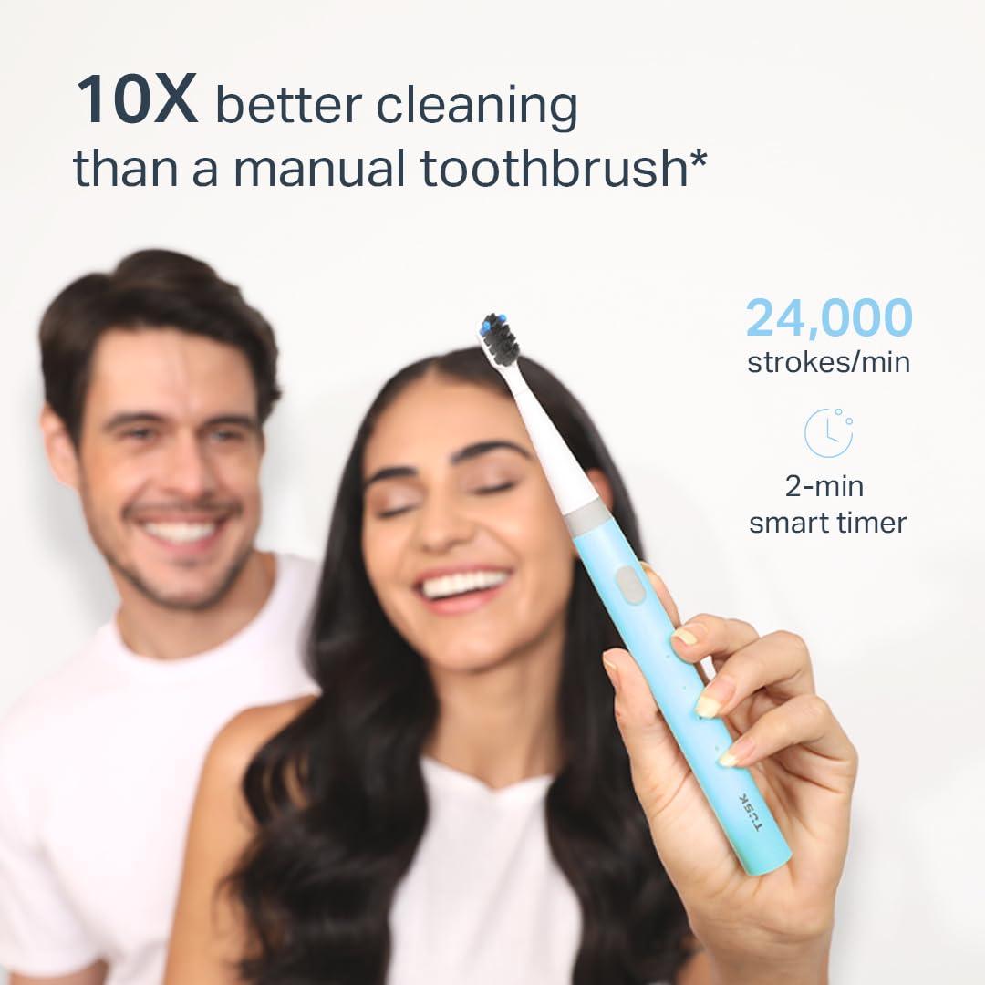 TSK Tusk Smart Electric Toothbrush for Adults & Kids, 3 Modes Rechargeable Sonic Brush with 30 Days Battery, Soft Bristles, Waterproof Design, C-Type Charging, Timer for Efficient Cleaning (Sky, Blue)