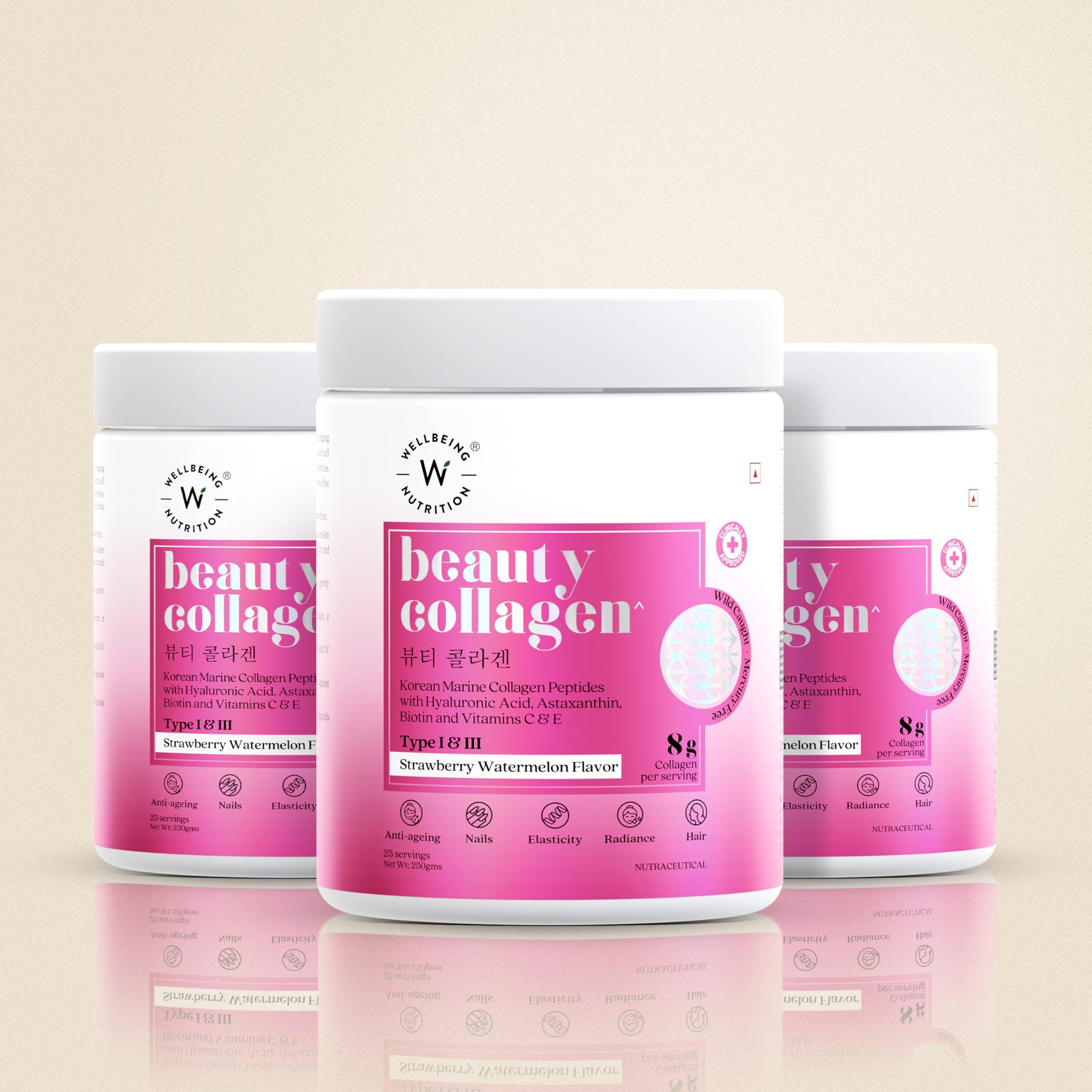 WELLBEING NUTRITION Wellbeing Nutrition Korean Beauty Marine Collagen Skin Radiance Peptides | Biotin, Vitamin C, E, Hyaluronic, Astaxanthin | Clinically Proven Healthy Skin,Hair & Nails | Strawberry Watermelon, 250gms