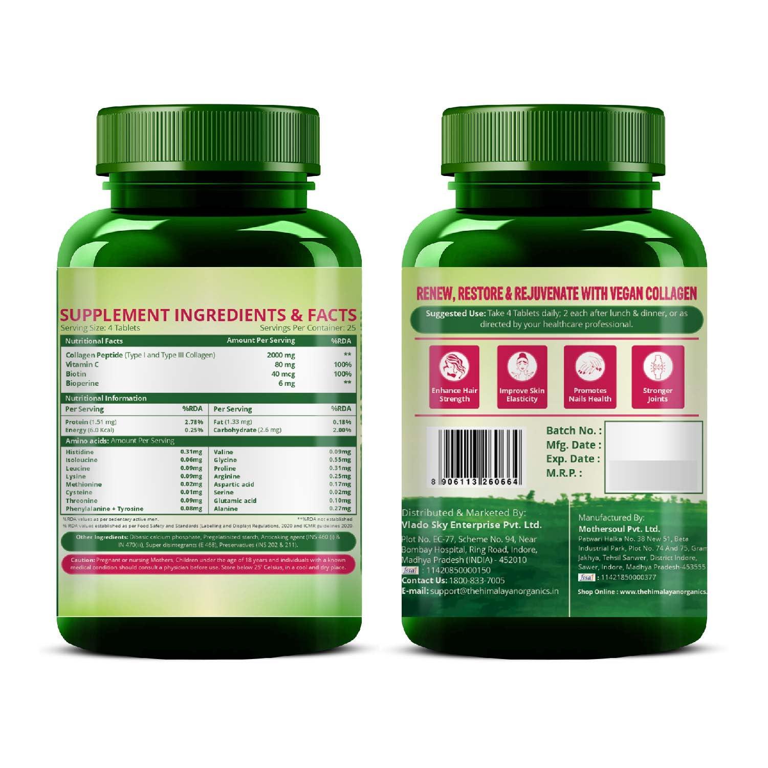 HIMALAYAN ORGANICS Vlados Himalayan Organics Vegan Collagen 2000Mg With Biotin And Vitamin C | Good For Glowing Skin | Healthy Hair And Nail - 100 Veg Tablets