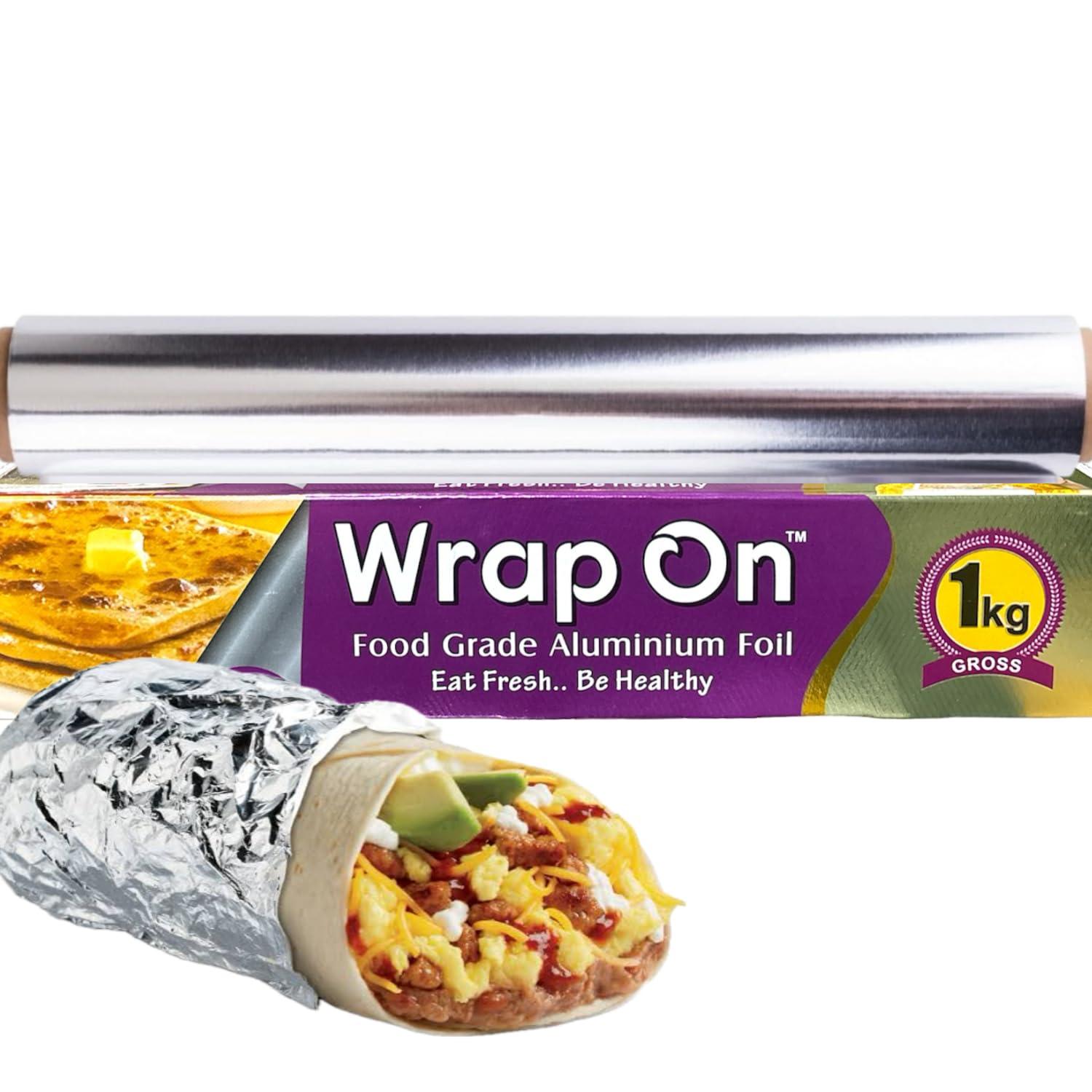 Wrap On Wrap On Aluminium Foil Paper 1 kg 18 Micron Roll for Food Packing with Cutter, Heavy Duty Foil Paper for Food Wrap Roll 1kg, Silver Aluminum Foil Wrap Paper Roll for Roti Kitchen (Pack of 1).