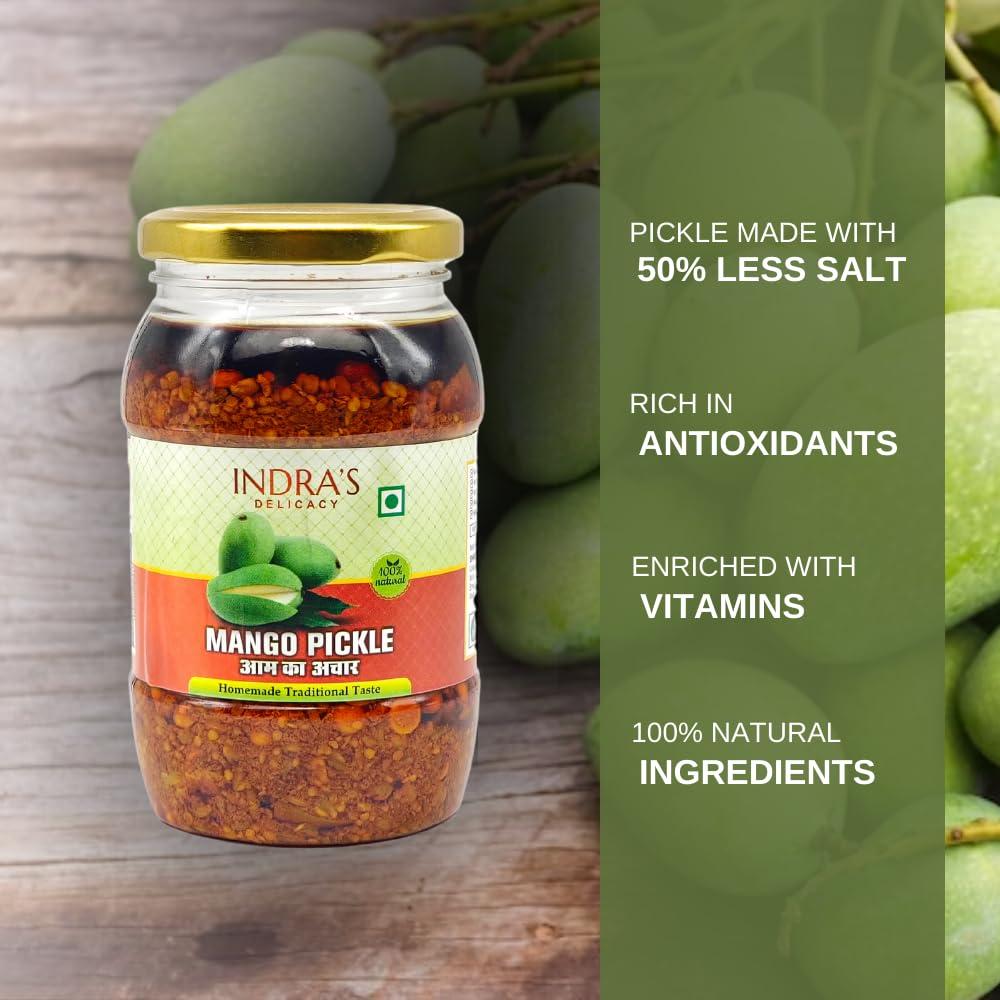 Indra\'s Delicacy Indra\'s Delicacy Mango Pickle/Aam Ka Aachar/Kairi Ka Aachar/Spicy & Tasty Pickle/Homemade Mango Pickle/Aachar/Row Mango pickles (No Artificial Preservatives, 400GM)