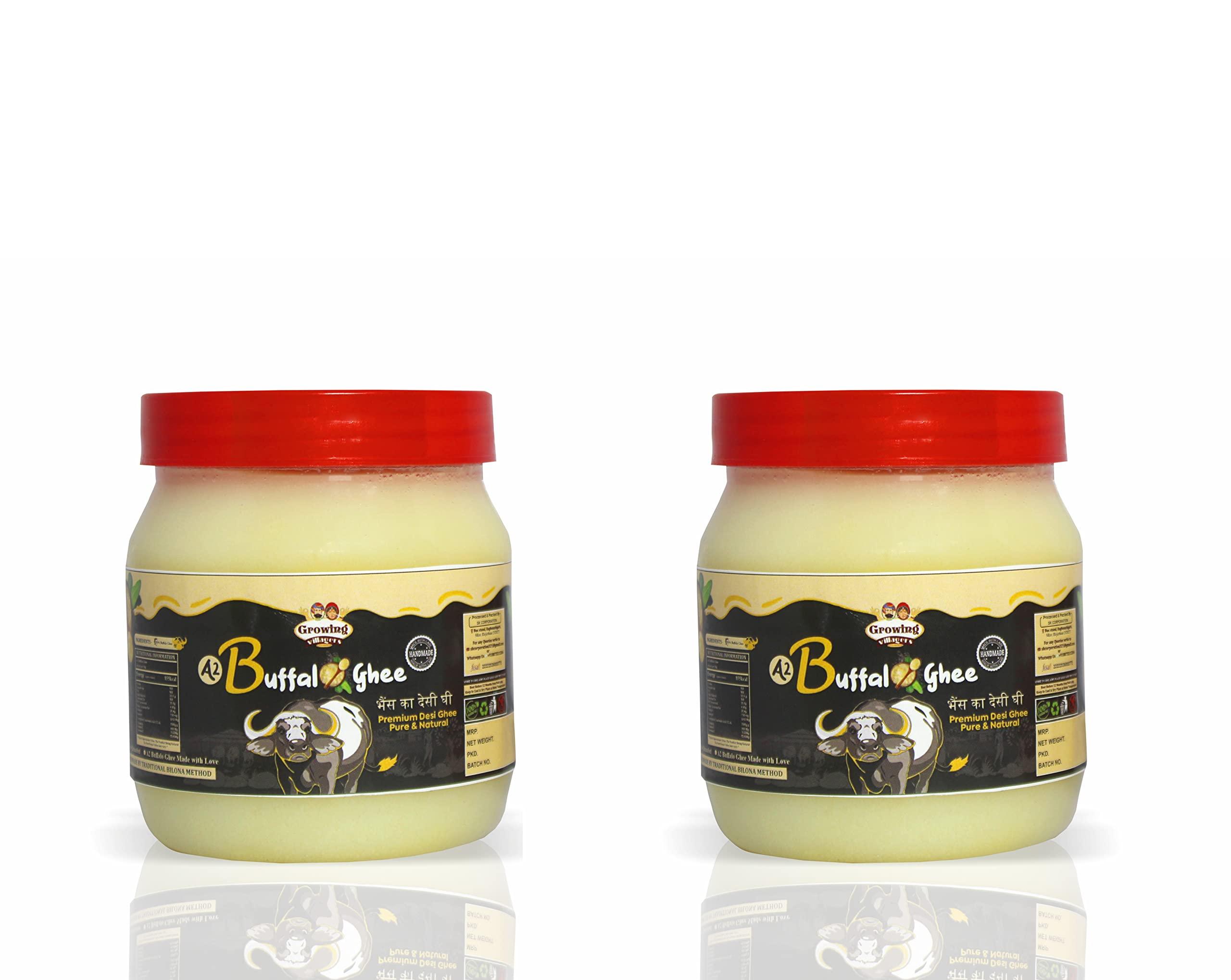 Growing Villagers Growing Villagers A2 Desi Buffalo Ghee 1 Litre | Organic Curd Churned Desi Ghee | Murrah Buffalo Bilona Method Ghee | Homemade Shudh Desi Bhes Ka Ghee - 2 Jars Of 500 ml Each