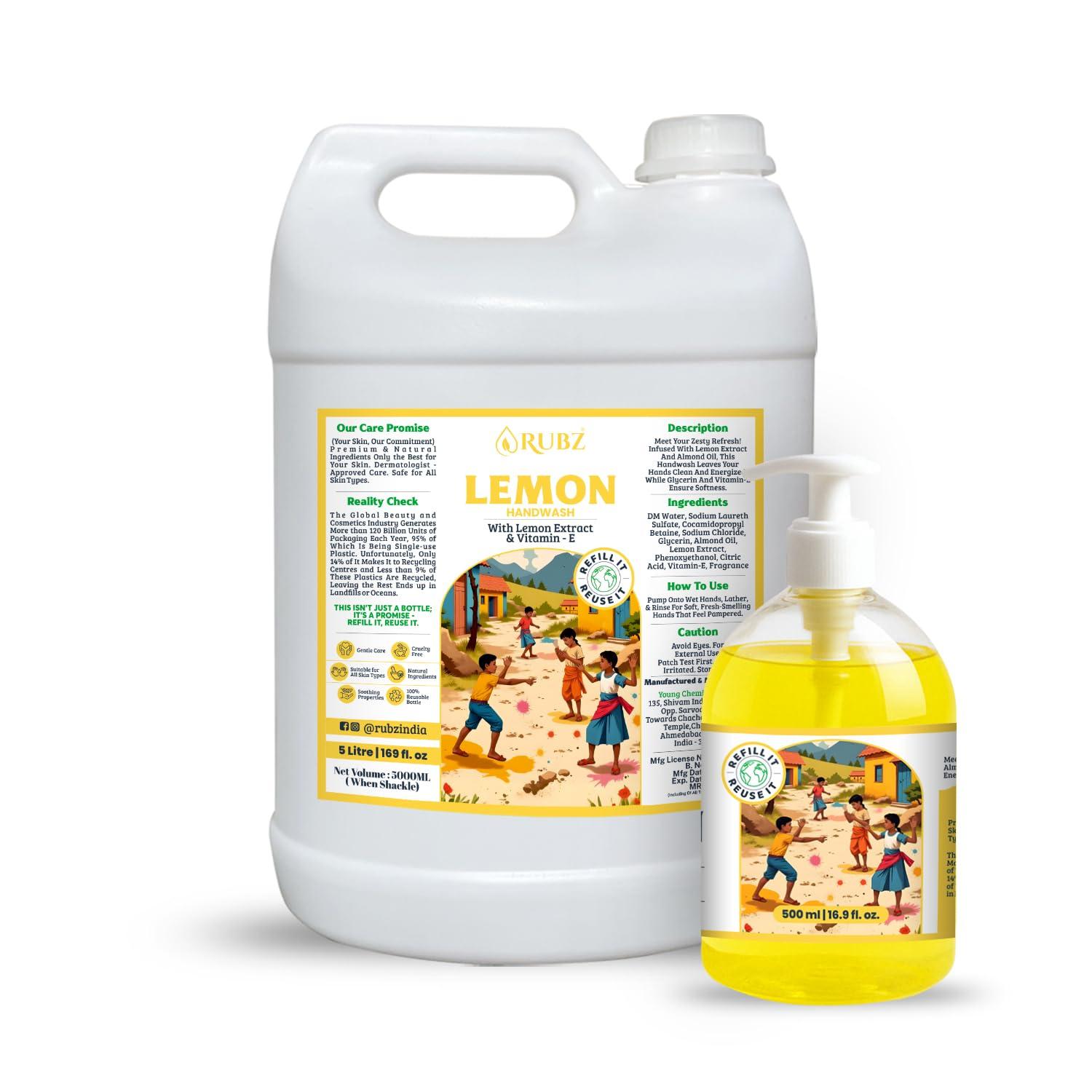 Rubz Rubz Lemon Handwash Refill Pack 5 Litre with 500ml bottle | Paraben Free Liquid Gel | Complete Protection for Soft Hands | Best for Hotel, Spa, Salon, Family, Gym | Total 5.5 Litre