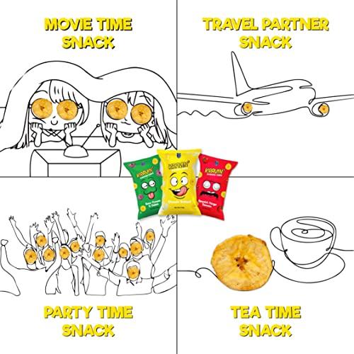 KRAVIN Kravin Party Pack Banana Chips | Ultra-thin & Crispy Banana Chips | Traditional Kerala Flavour | Flavours- Classic Salted, Sour Cream & Onion, Spanish Tango Tomato | Pack of 3 x 100 grams each