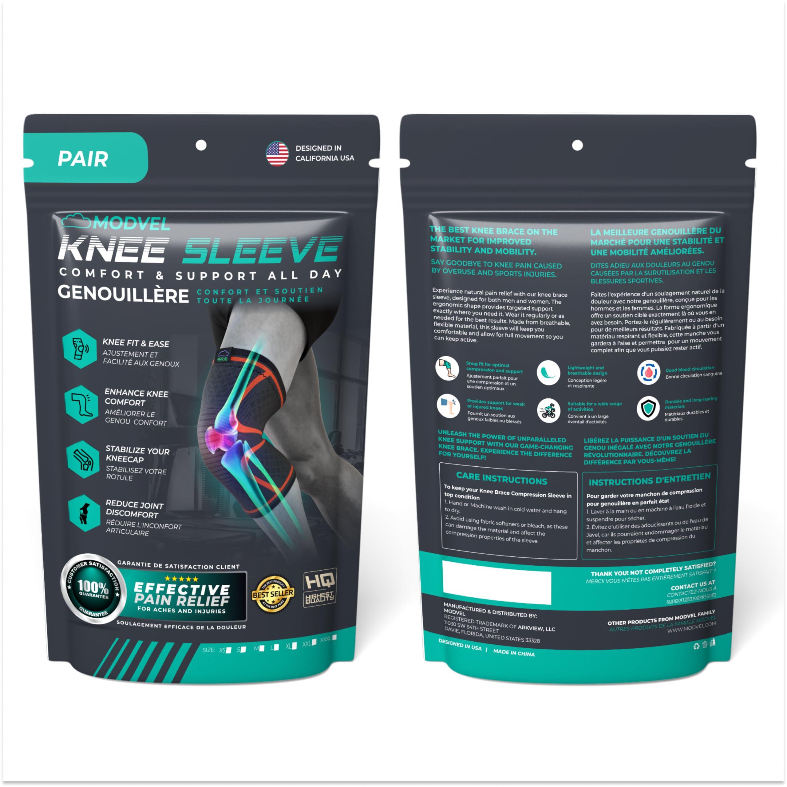 Modvel Modvel 2 Pack Knee Compression Sleeve | Knee Brace for Men & Women | Knee Support for Running, Basketball, Weightlifting, Gym, Workout, Sports | Joint Pain Relief - Please Check Sizing Chart