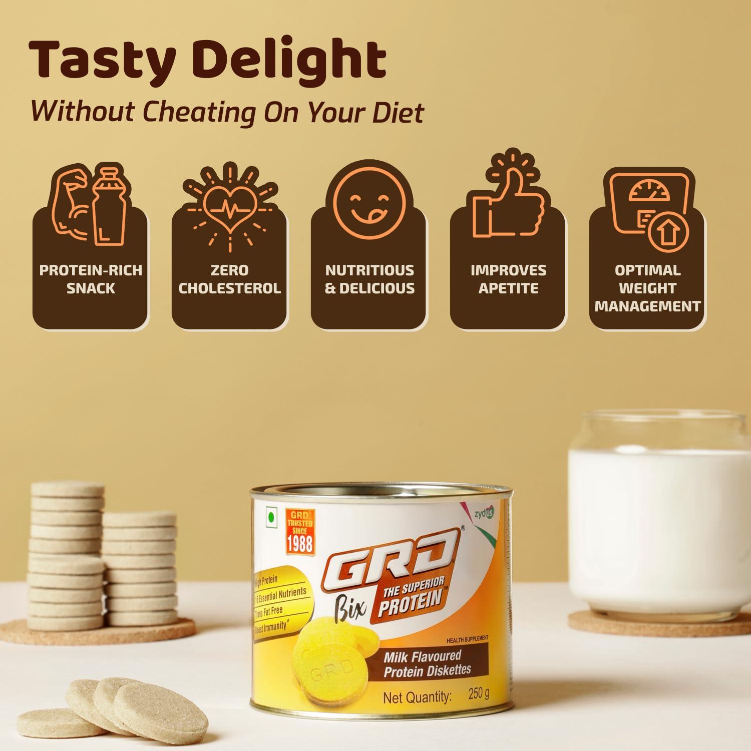 GRD GRD Bix Superior Protein Diskettes, Healthy Tasty Biscuits Enriched with Protein and 18 Essential Nutrients for Healthy Living (250g)  Chocolate and Milk Combo Pack