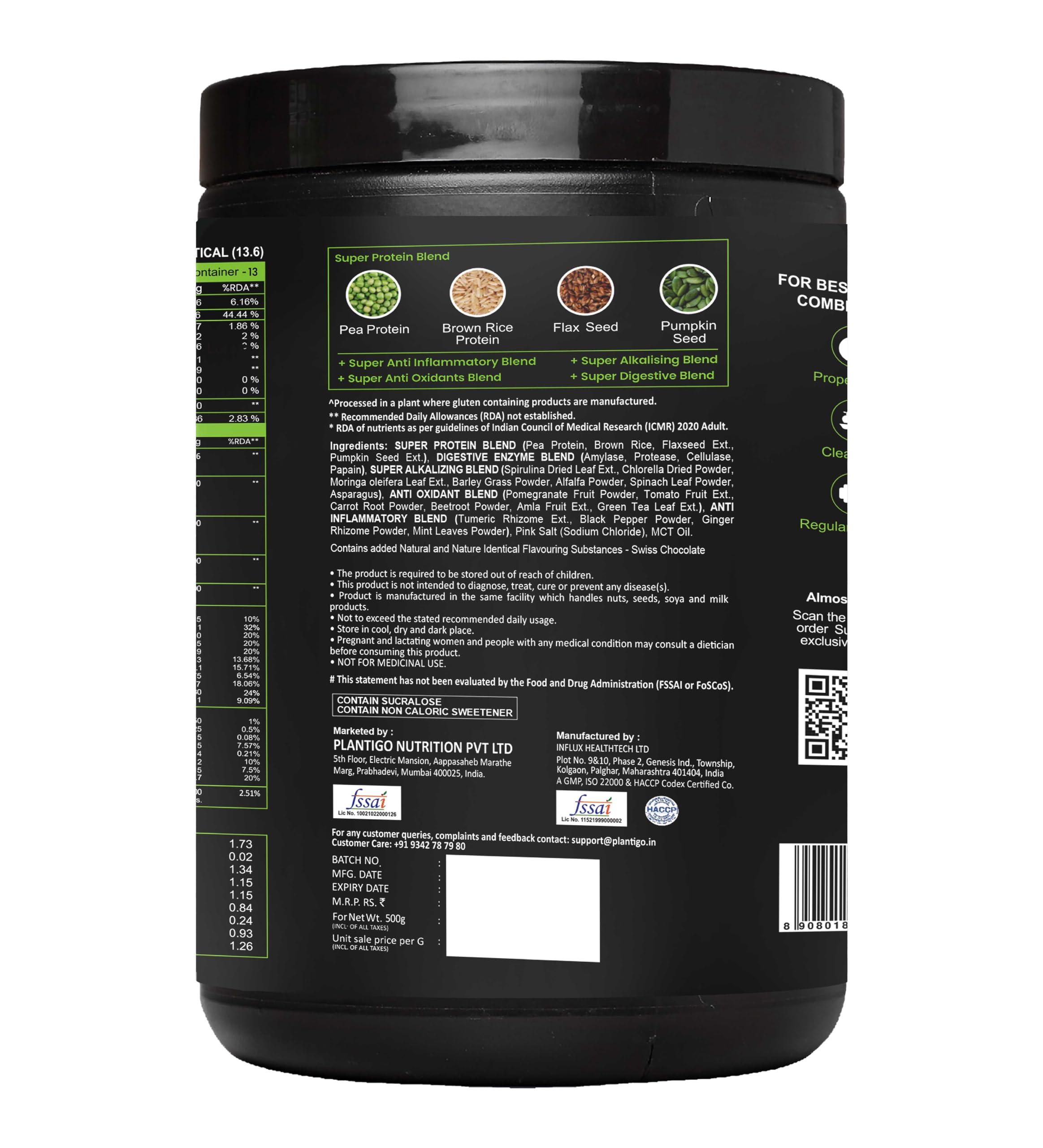 PLANTIGO Plantigo Clean Protein Powder Men & Women | 24g Plant Protein, 4.4g BCAA, 2g Leucine, 4g Fiber | No Sugar, No Dairy, No Preservatives | 4x Fast Digest, Stress & Muscle Recovery | Swiss Chocolate 500g